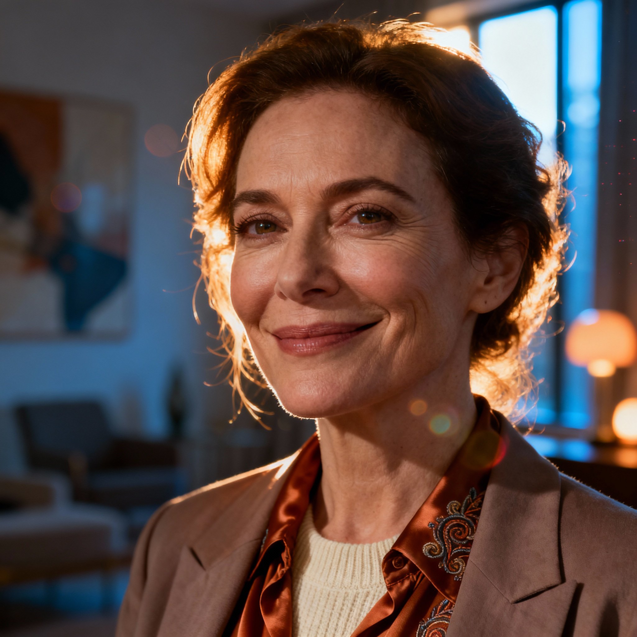 A close-up portrait of a psychic named Mystic Bella. She is a woman in her 40s with a warm smile and wise eyes, set against a soft, cozy consultation room background, conveying a sense of trust.