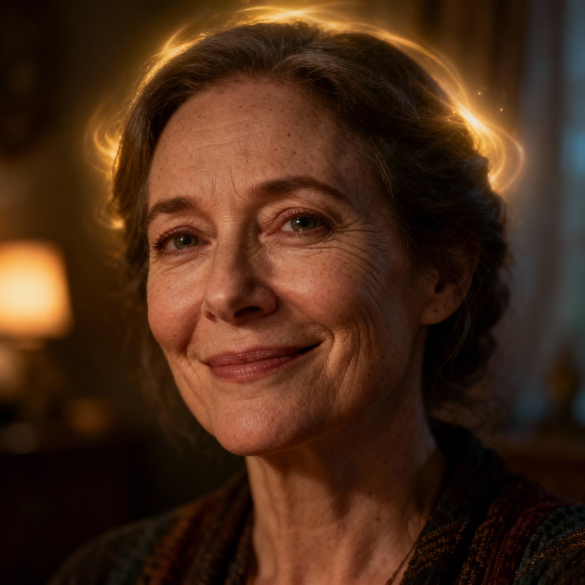 A close-up portrait of a compassionate, smiling middle-aged female psychic. A soft halo of light is behind her, creating a sense of warmth and trustworthiness.