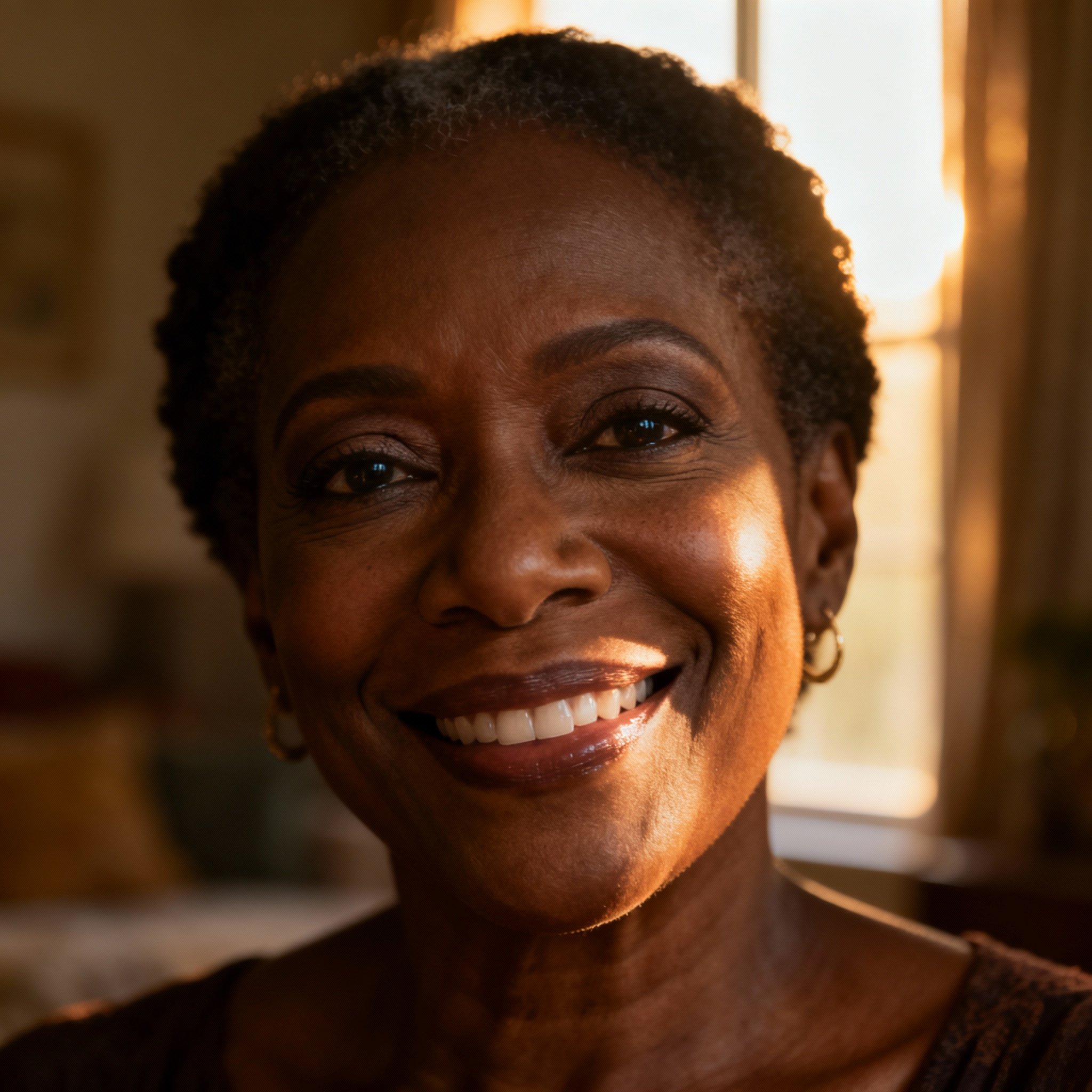 A compassionate, smiling psychic advisor looks directly at the camera, creating a sense of trust and friendship. Soft, warm light is behind her, with tarot cards subtly visible on a table.