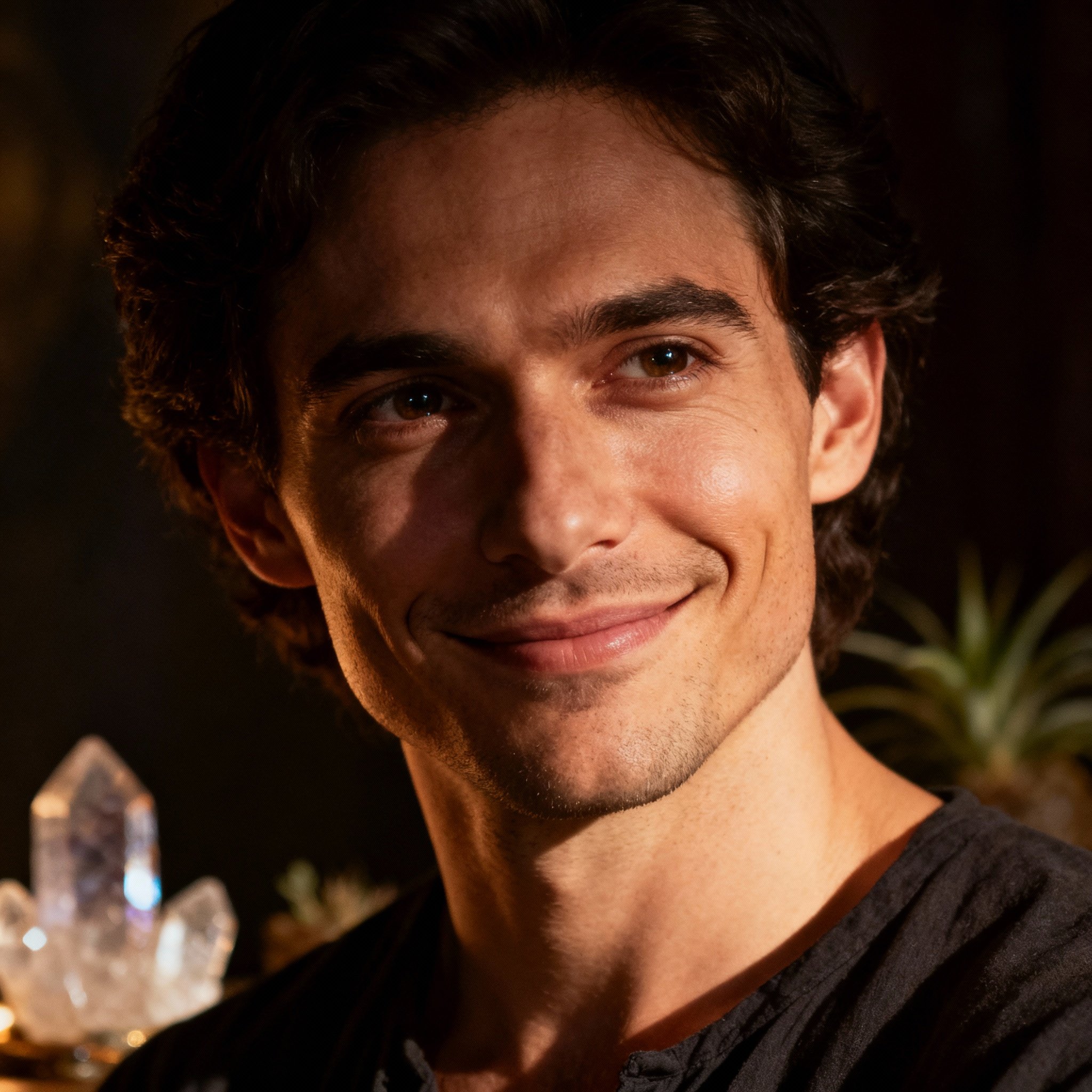 A close-up portrait of a male psychic named Kai Luna, featuring warm and trustworthy eyes, with a soft background creating a safe and empathetic atmosphere.