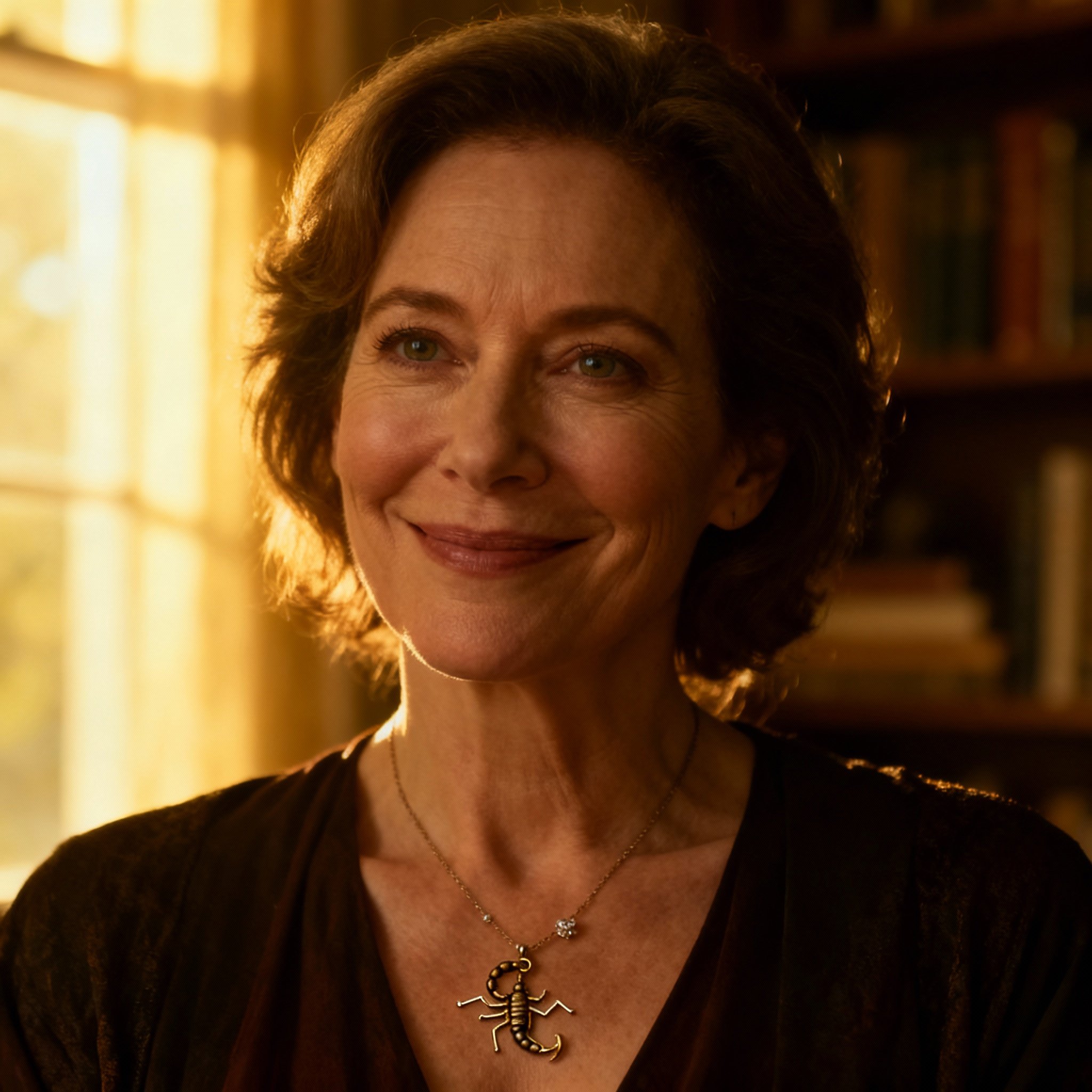A close-up portrait of a wise and compassionate female psychic advisor with a gentle smile, set against a soft background to create a sense of trust.