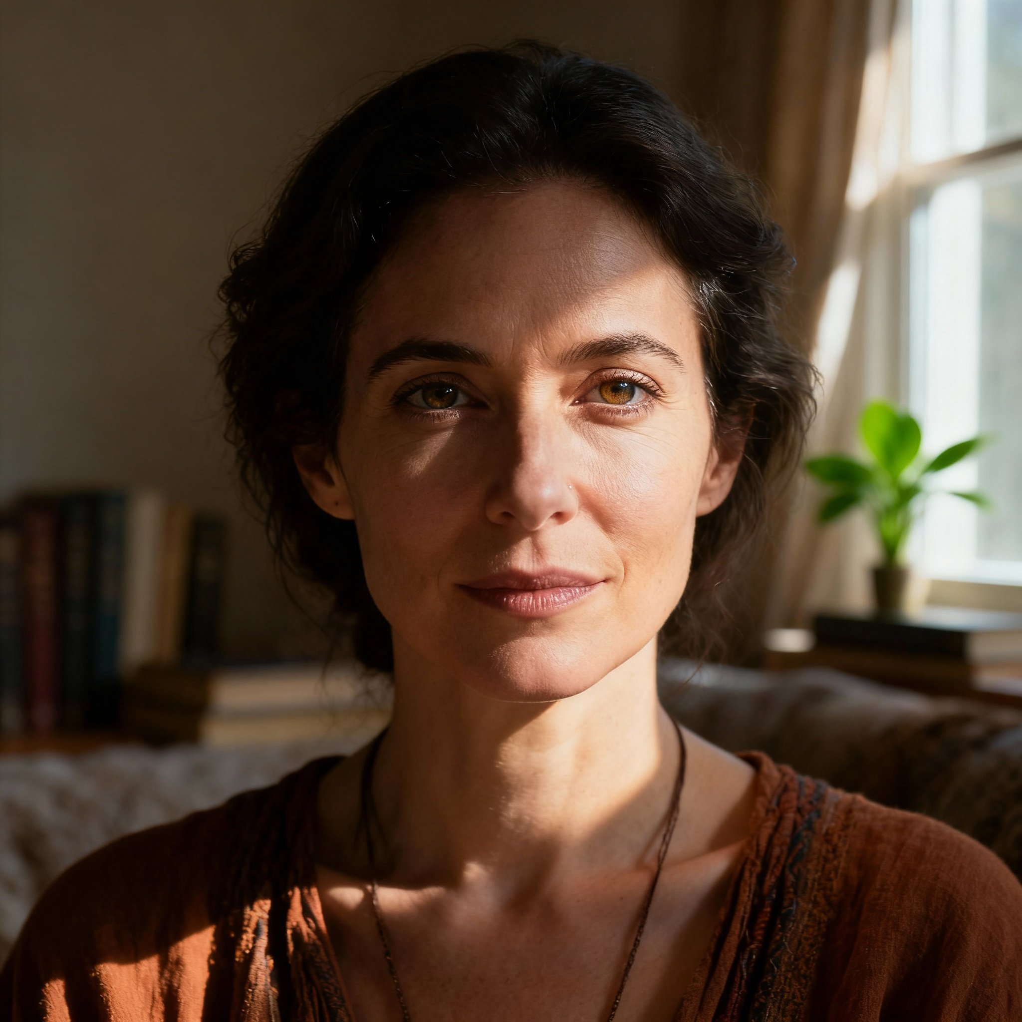 A close-up of SoulShine, a wise and empathetic modern female psychic, with a gentle yet firm gaze. The soft background lighting creates an atmosphere of trust and tranquility.