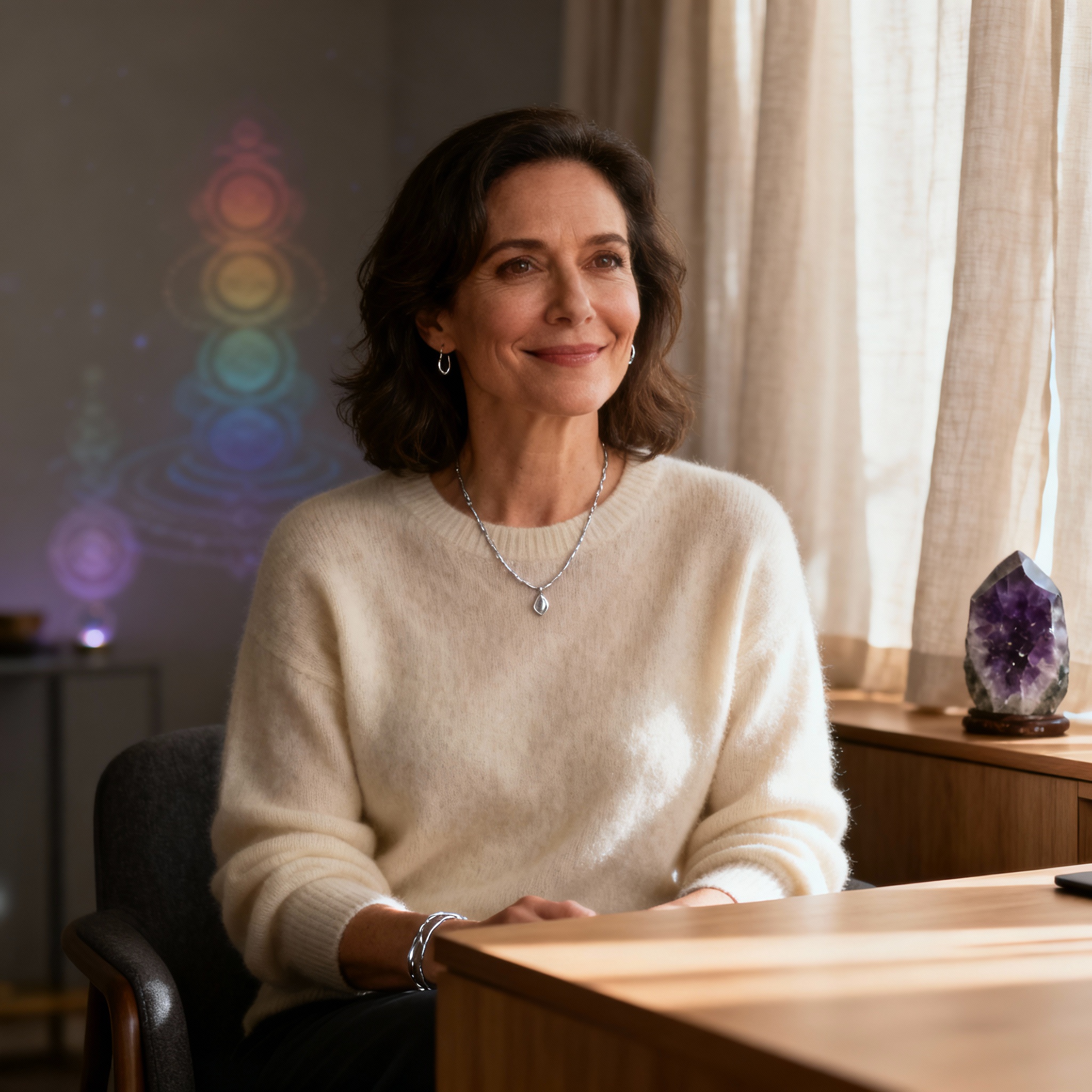 A close-up portrait of a psychic advisor named Saphire, who has a wise and compassionate gaze. The background is a soft, warm consultation room, creating an atmosphere of trust and professionalism.