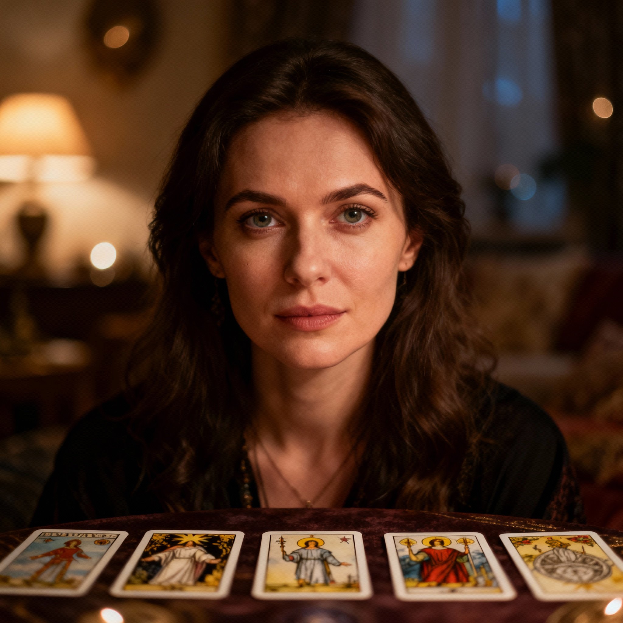 A close-up portrait of a young female psychic advisor, Viktoriia. She has an intelligent yet compassionate gaze directed at the camera, set against a soft background that evokes a professional, reliable, and trustworthy atmosphere.