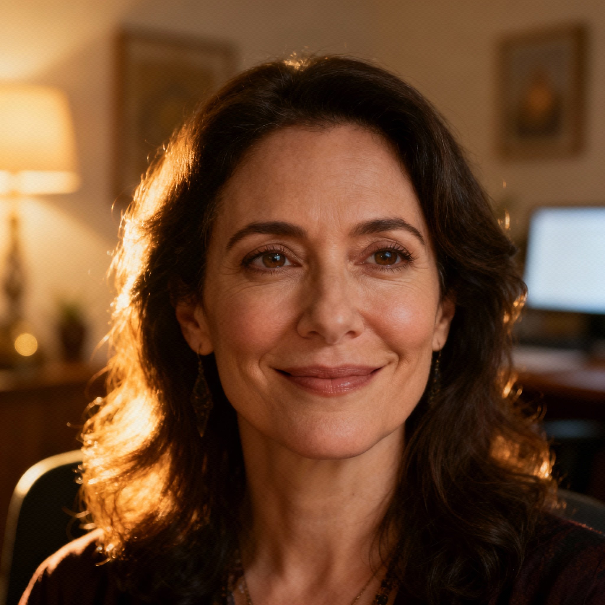 A close-up portrait of the psychic Mystiq, who has wise and compassionate eyes. The background is filled with soft, warm light, creating a trustworthy and professional atmosphere.