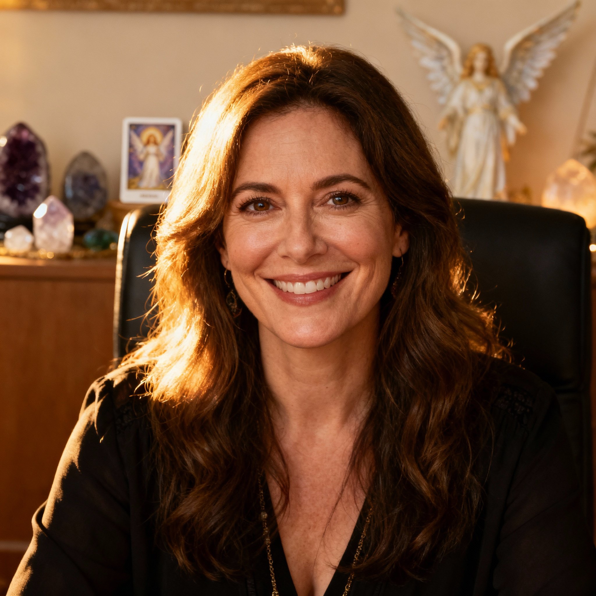 A close-up portrait of a female psychic named Aurora. She appears warm and trustworthy with a wise gaze, set against a soft, cozy consultation room, suggesting a safe and compassionate space.