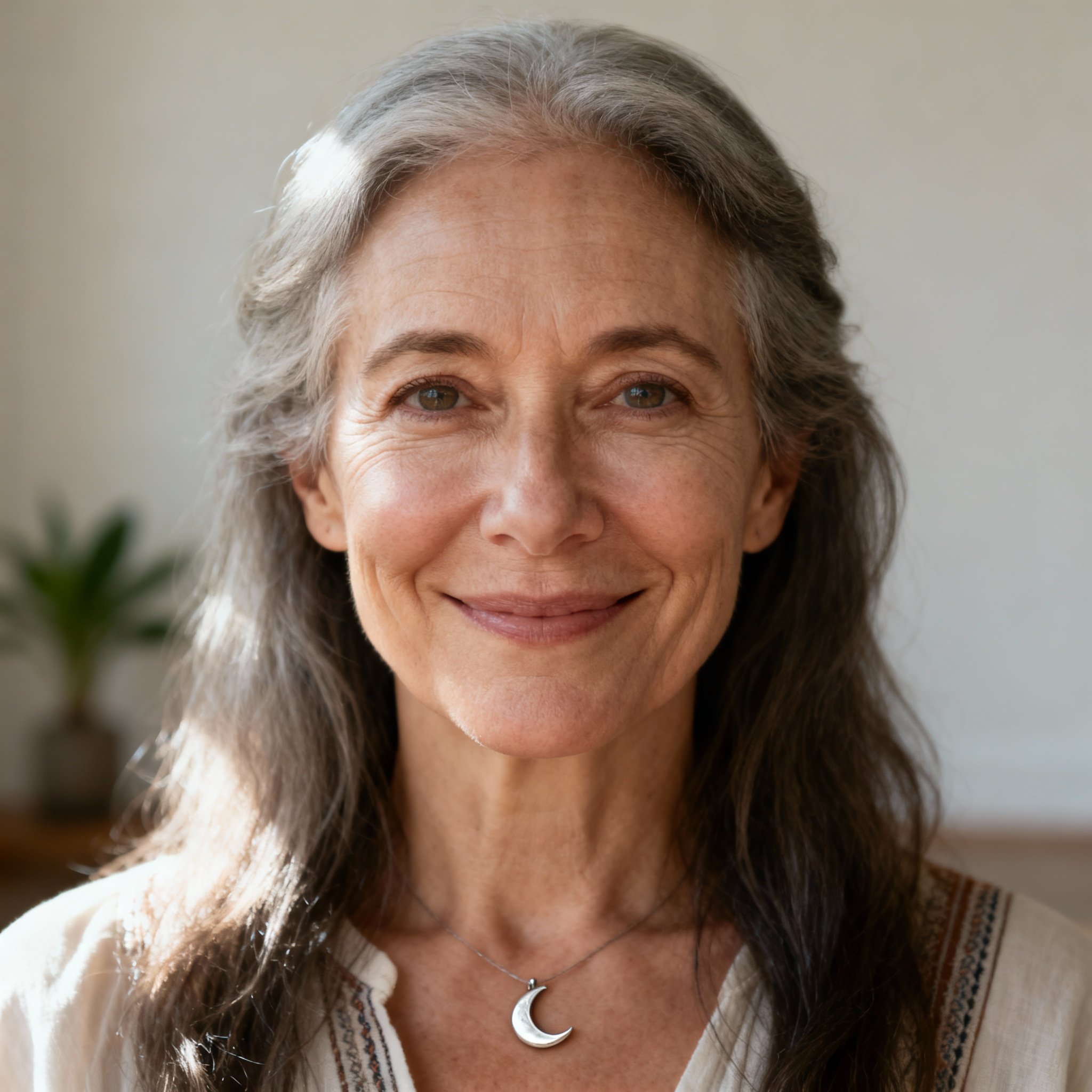 A close-up portrait of the psychic Bodhi Witch, her eyes are wise and warm against a soft background, creating an atmosphere of trust and professionalism.