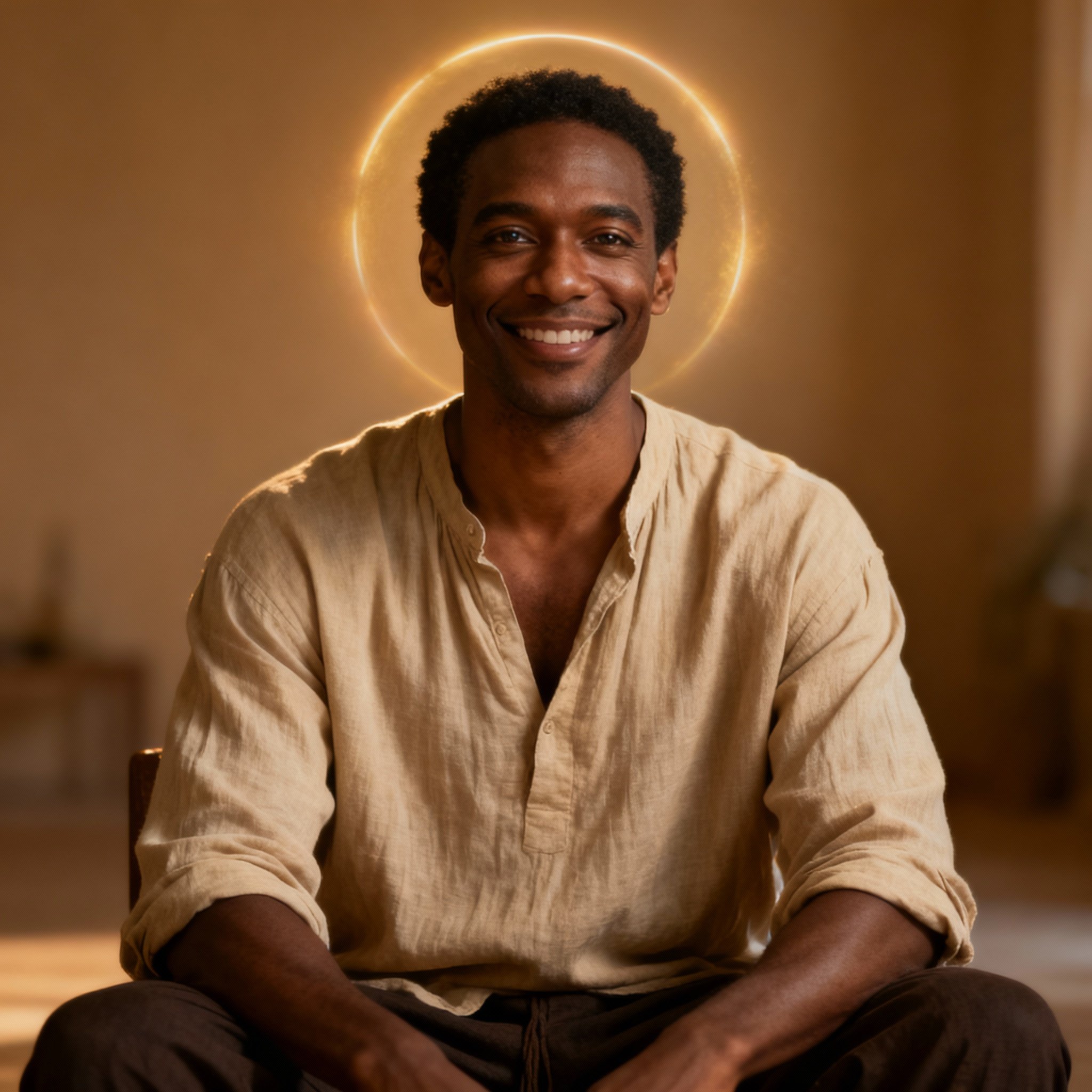 A close-up portrait of psychic Arcadian Brown, his gaze is gentle and wise, against a backdrop of a soft halo of light, creating a trustworthy and mystical atmosphere.