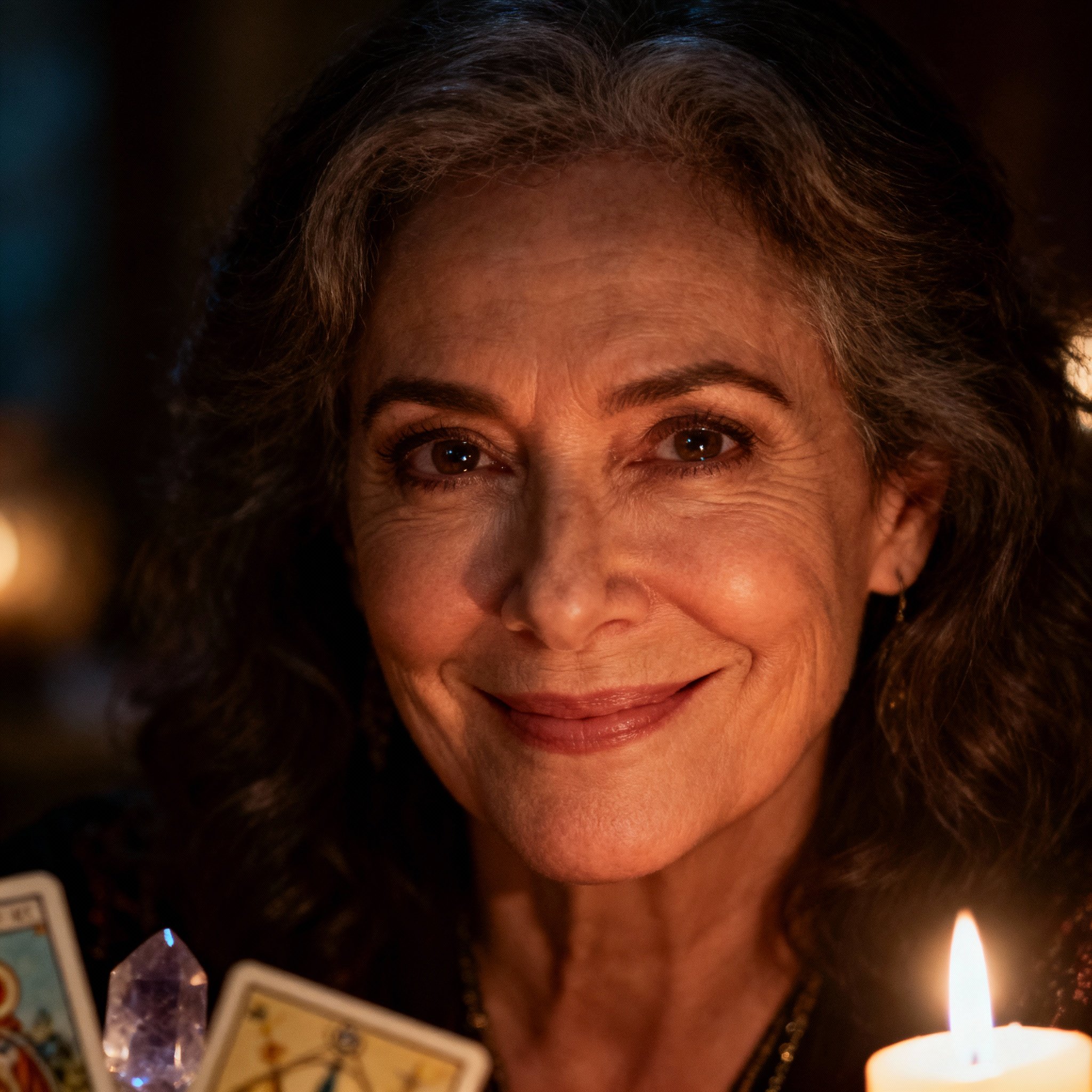 A close-up portrait of Ana M, a warm and wise middle-aged female psychic, with kindness and trustworthiness in her eyes against a soft background.