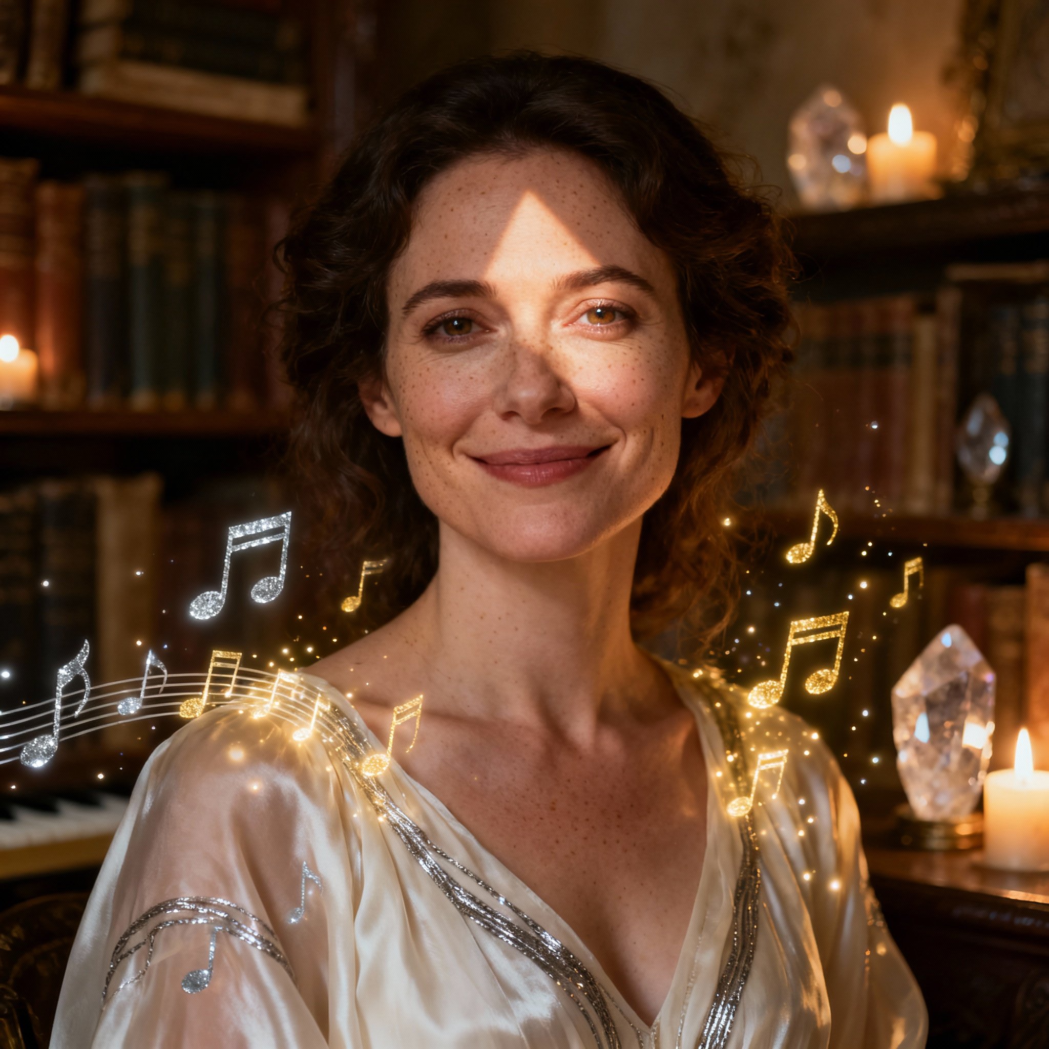 A close-up portrait of a female psychic known as The Musical Oracle. She has a warm, confident smile and empathetic eyes. Soft light illuminates her, and glowing musical notes float subtly in the background, hinting at her unique music-based abilities.
