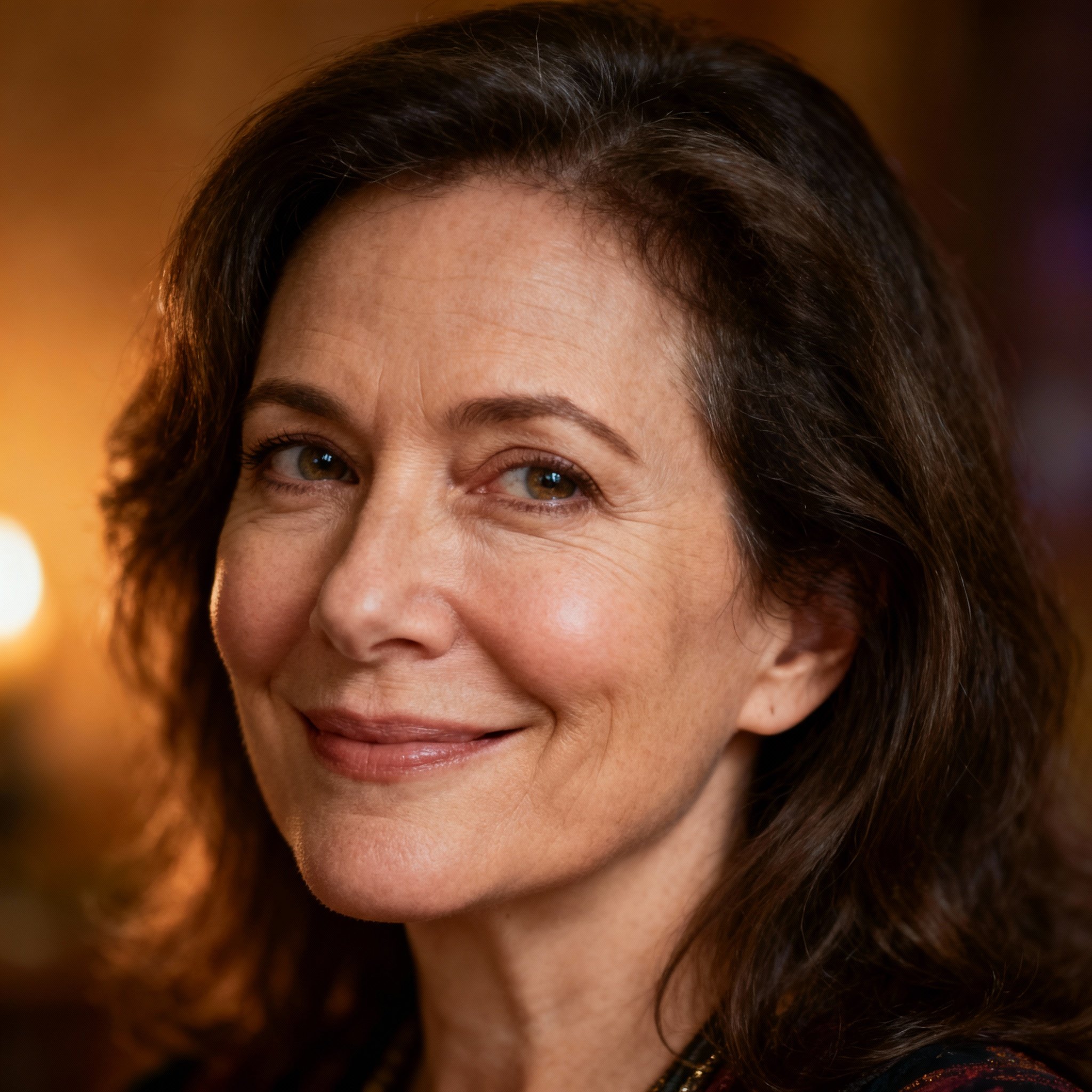 A close-up portrait of Psychic Nikki, a woman in her 40s with wise, compassionate eyes and a confident yet warm smile, conveying a sense of trustworthiness.