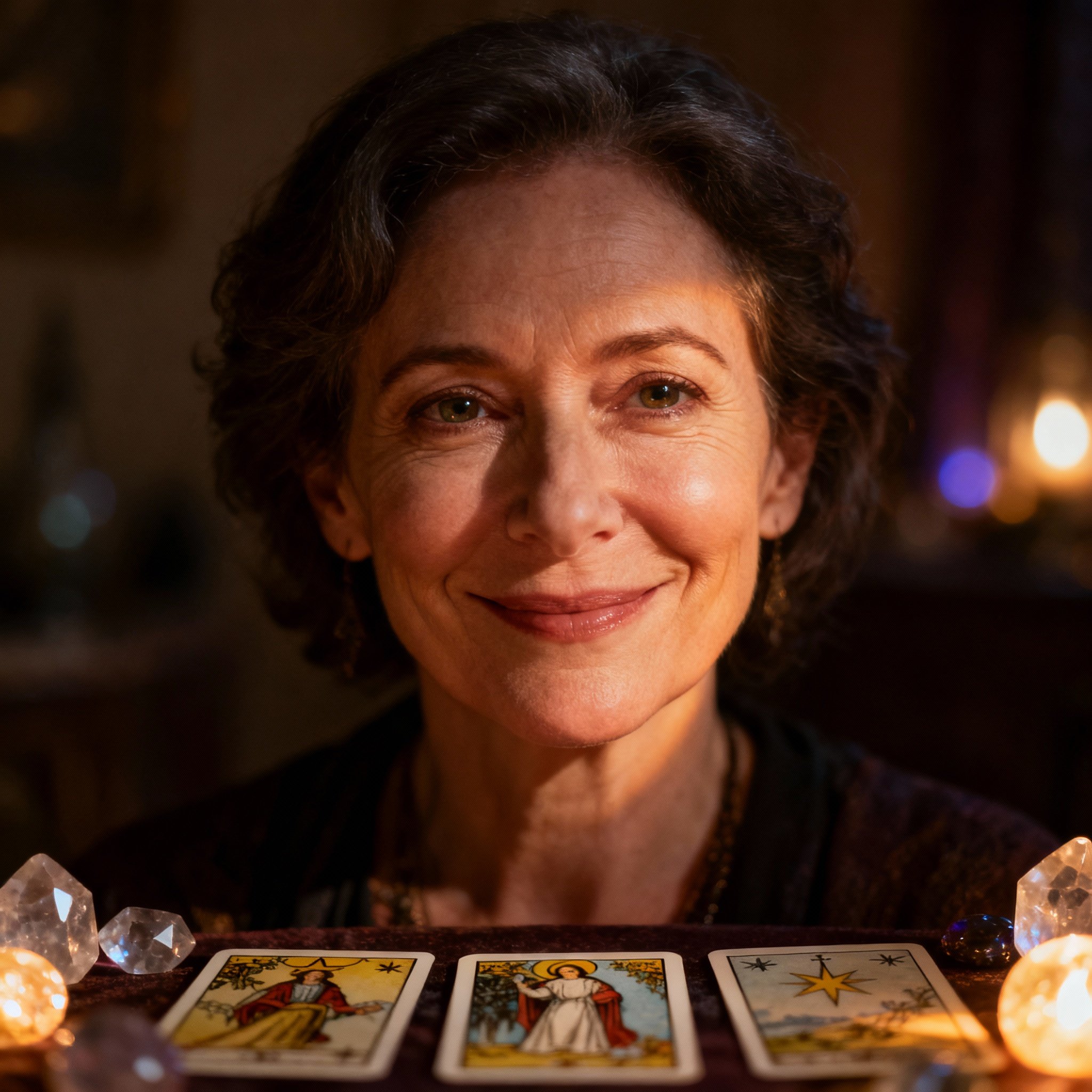 A close-up portrait of Psychic Avalon, a woman in her 40s with wise and compassionate eyes and a warm smile. Soft light illuminates her face against a blurred background with hints of tarot cards and crystals, creating an atmosphere of trust and mystery.