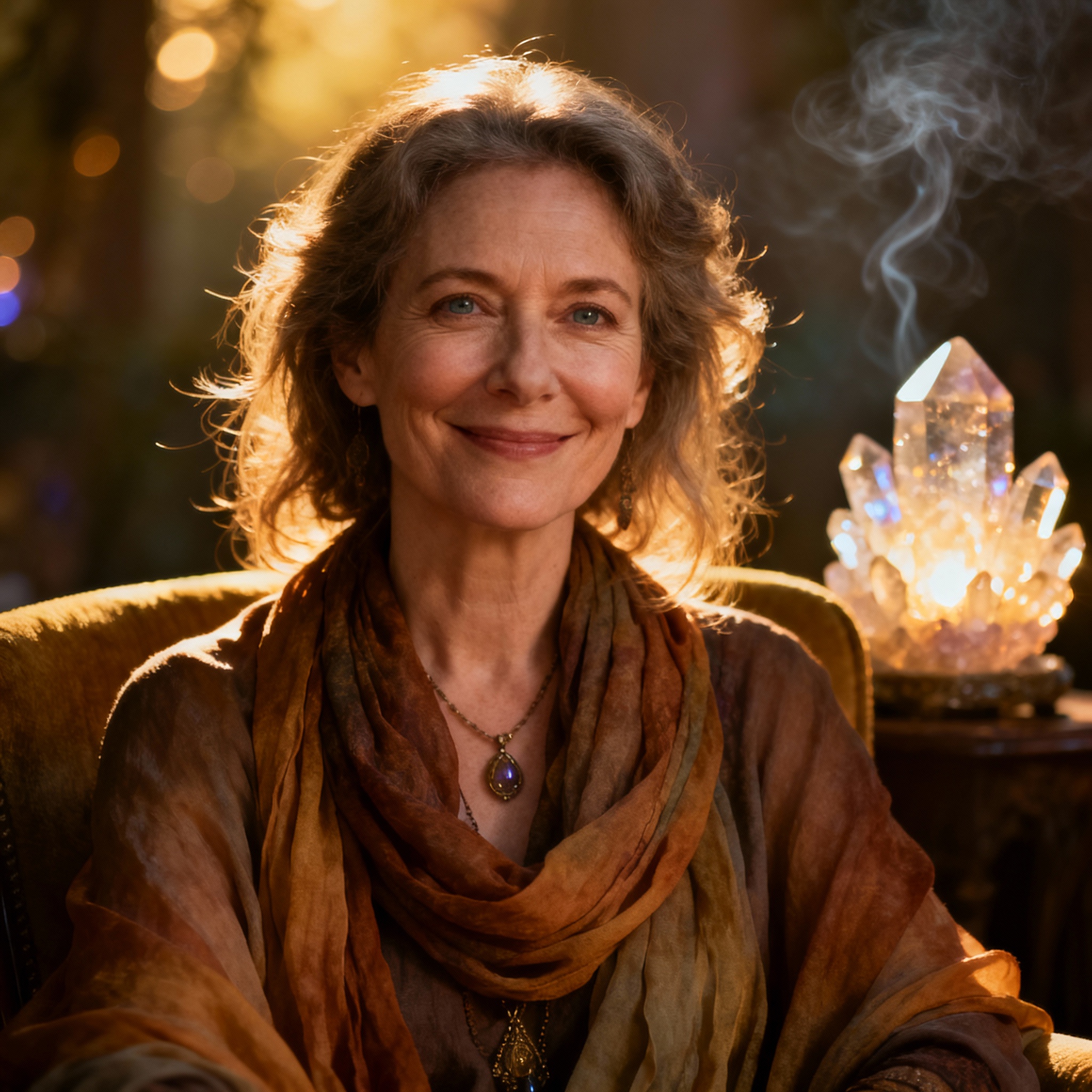 A close-up portrait of a friendly and wise female psychic advisor. She has warm eyes and is set against a softly lit background, creating an atmosphere of trust and professionalism.