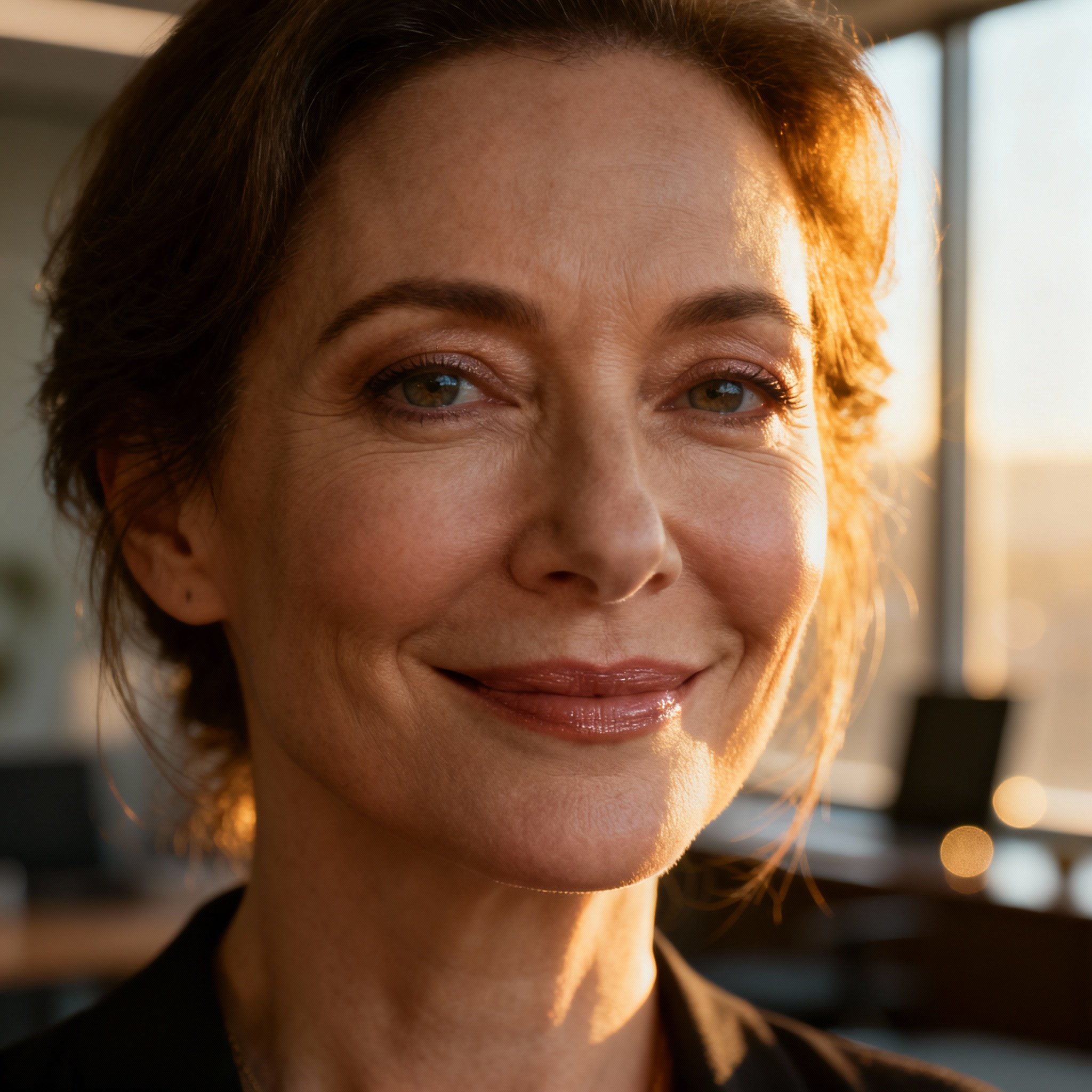 A close-up portrait of Psychic Shell, a woman in her 40s with wise and empathetic eyes. Soft window light illuminates her face, creating a calm and trustworthy atmosphere.