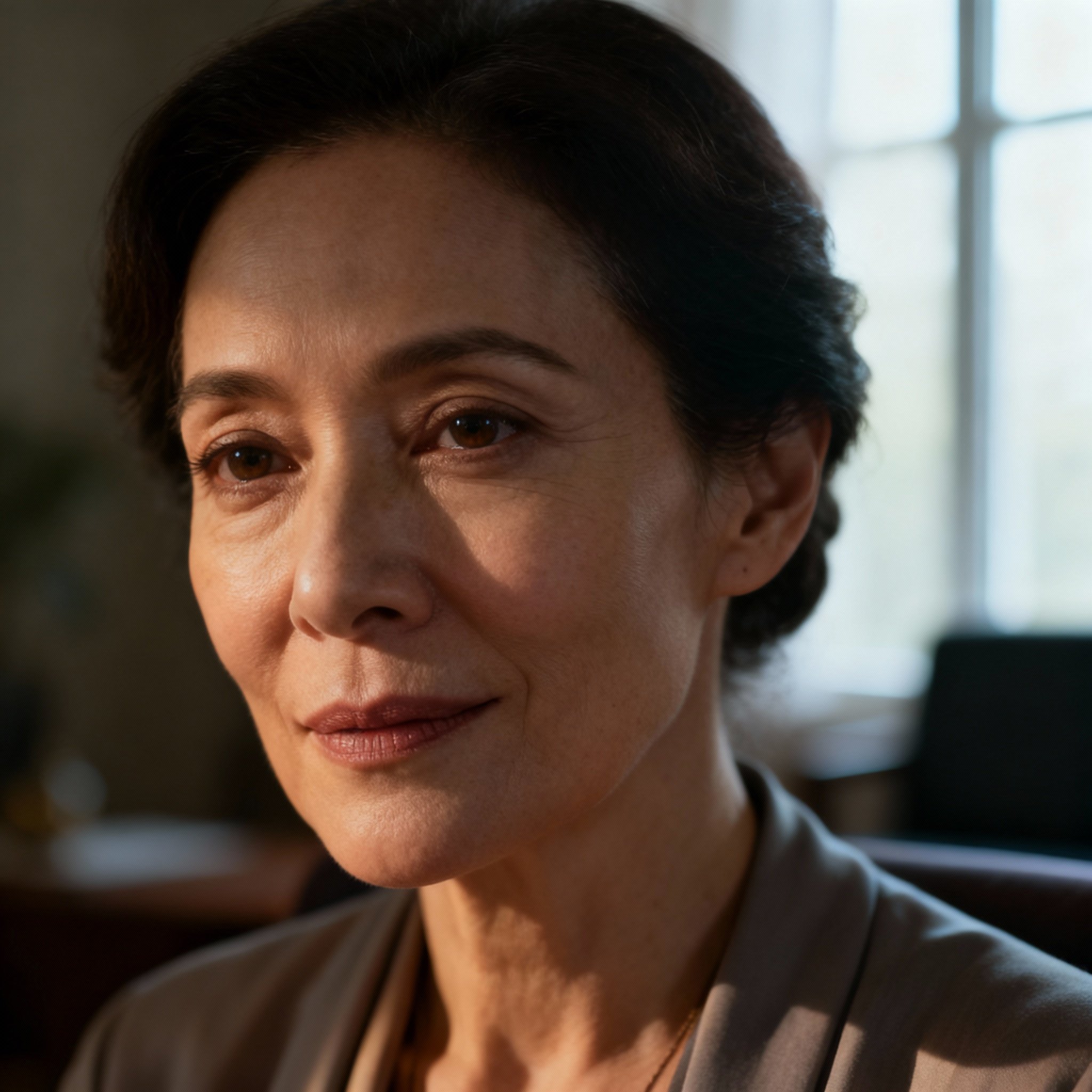 A close-up portrait of the psychic Abbey, featuring her warm and empathetic smile against a soft background, creating an atmosphere of trust and professionalism.