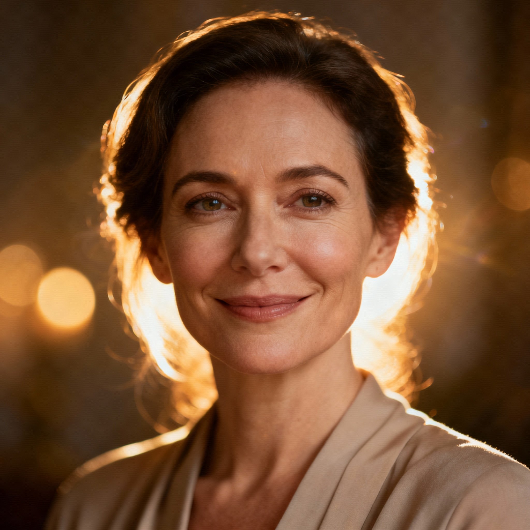A close-up portrait of a compassionate female psychic advisor. She has a warm, knowing gaze and a gentle smile, with a soft, glowing background that evokes a sense of trust and reassurance.