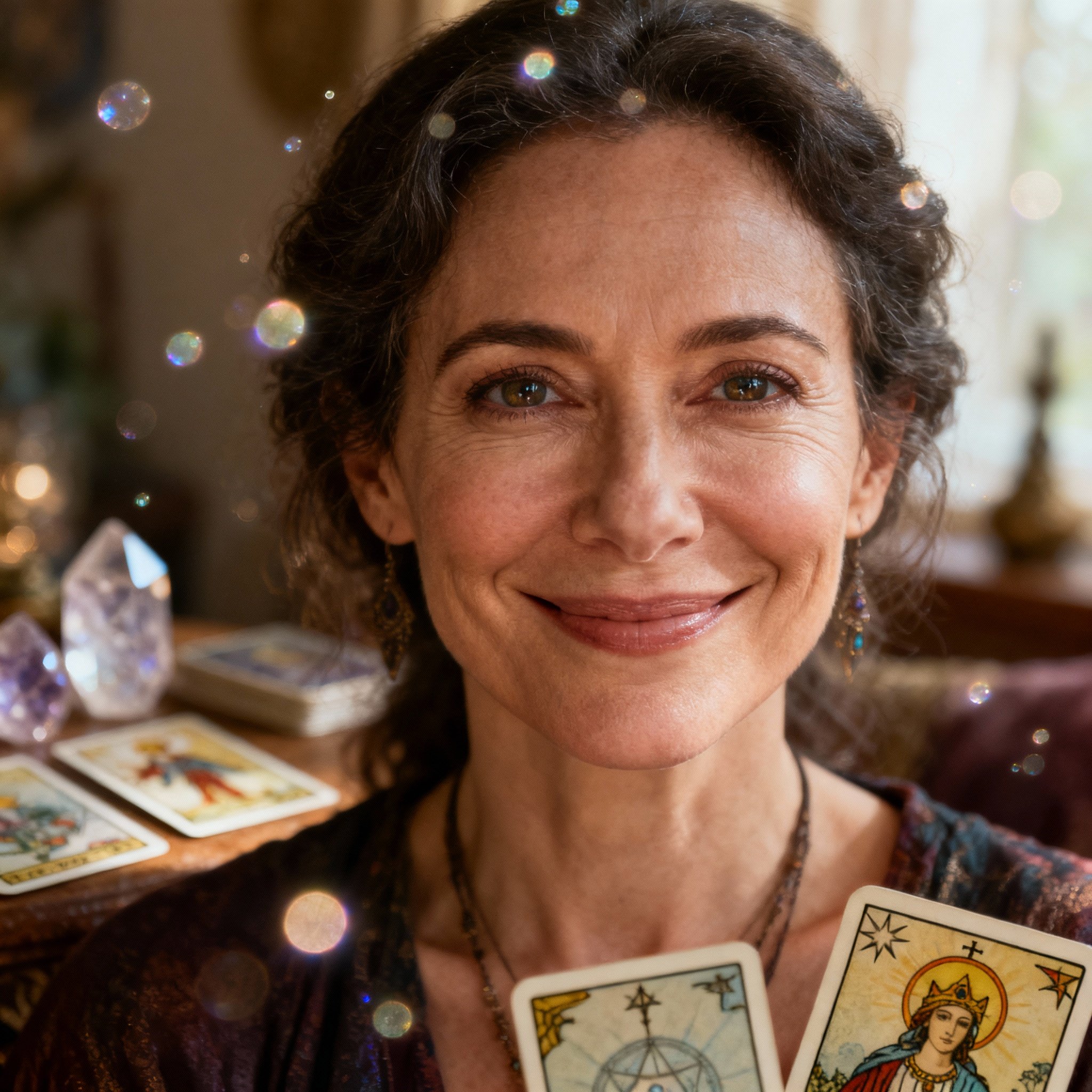 A close-up portrait of a wise and compassionate female psychic, Jonelle. She has a warm, knowing smile, and soft, ethereal light illuminates her face, creating a serene and trustworthy atmosphere.