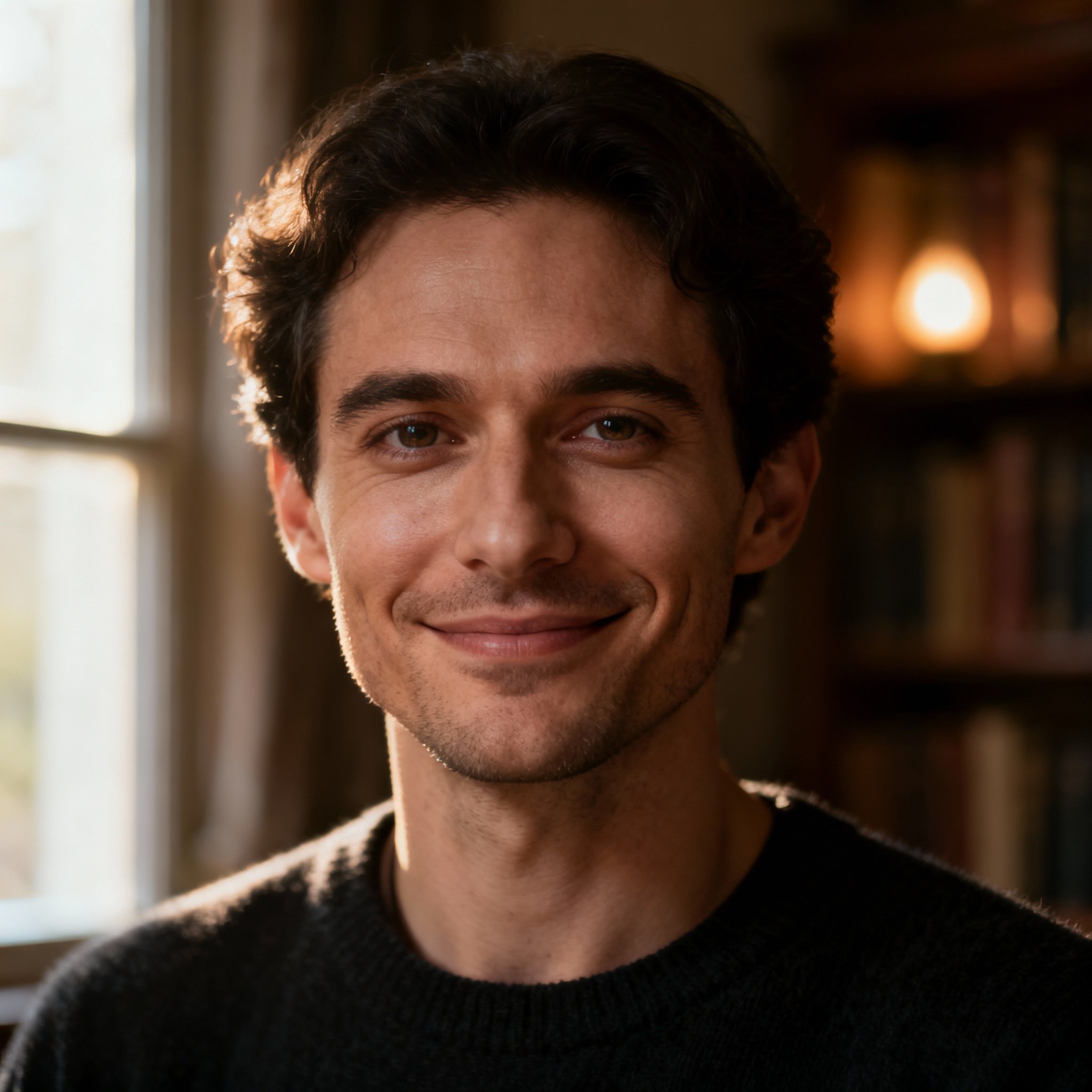 A close-up portrait of psychic Niko Thorne, featuring a gentle yet confident smile and perceptive, compassionate eyes, against a soft, warm background that creates a trustworthy and professional atmosphere.