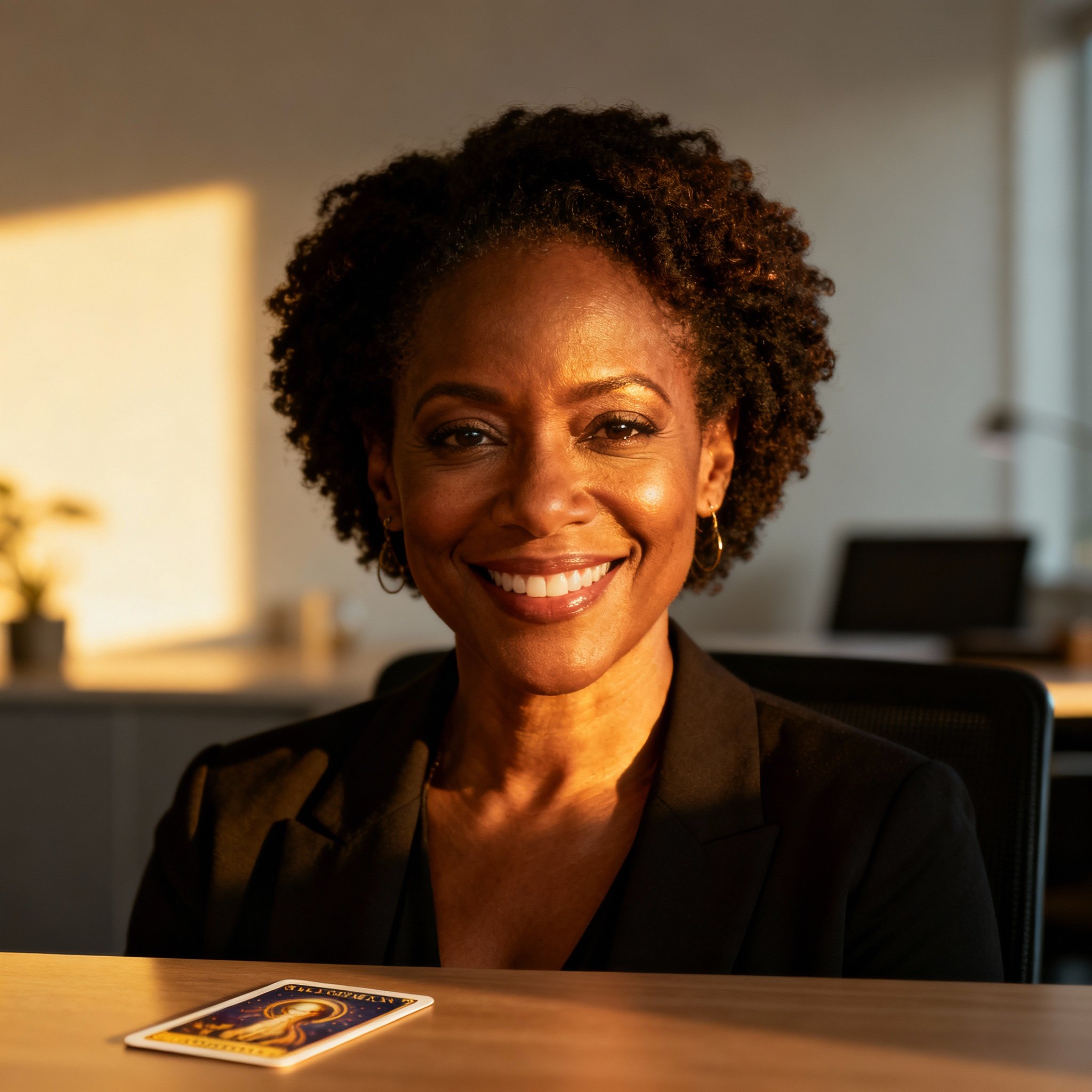 A close-up portrait of a wise and compassionate African-American psychic advisor, her warm gaze conveying trust and understanding.