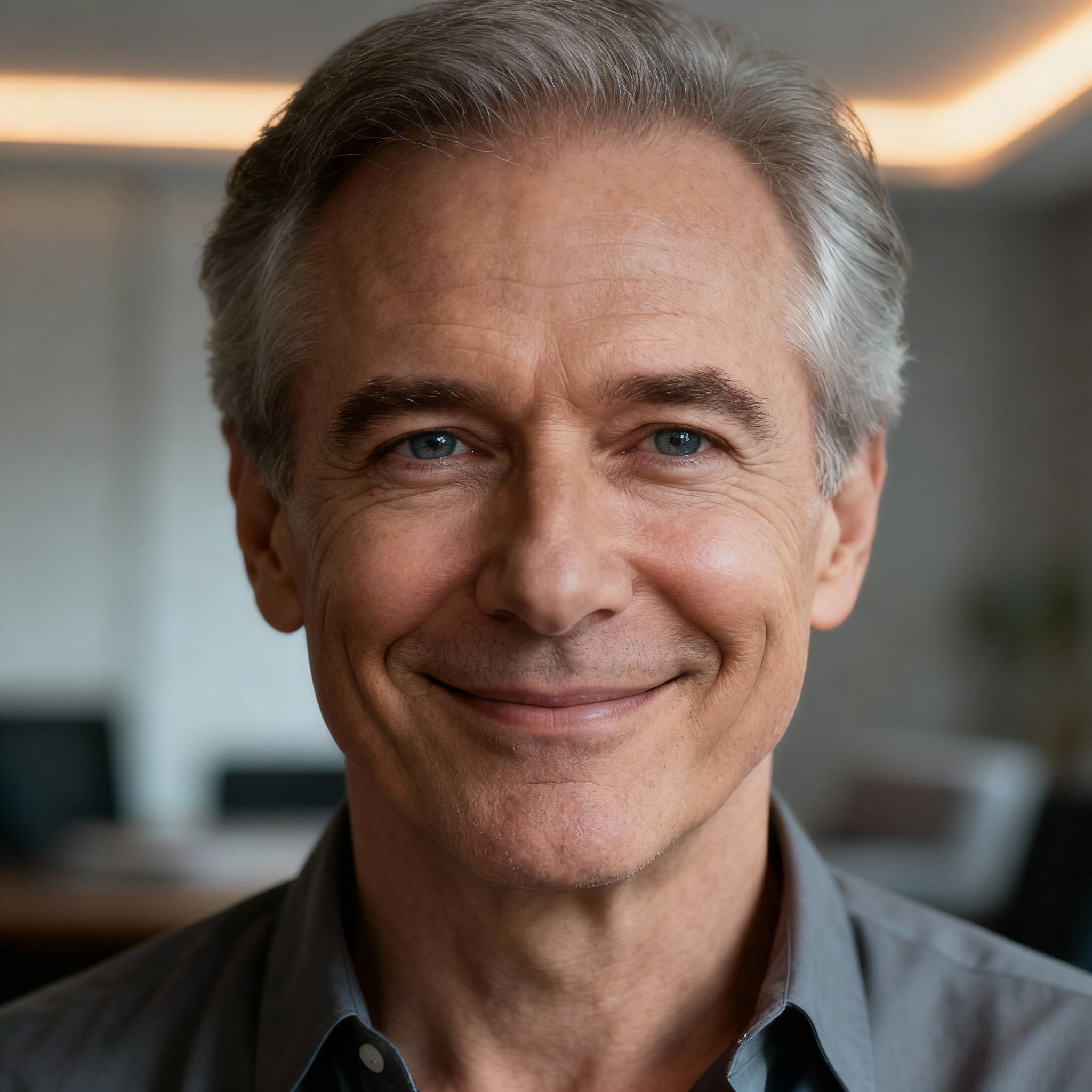 A close-up portrait of Psychic Harry. He is a middle-aged man with a gentle yet confident smile and wise eyes, creating an atmosphere of trust and compassion. The background is a soft, comfortable indoor setting with warm lighting.