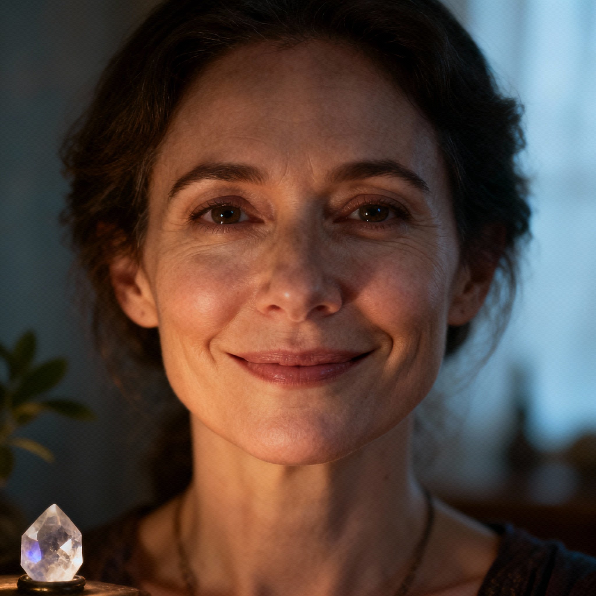 A close-up portrait of a compassionate and trustworthy female psychic with a soft background and warm lighting, her clear eyes conveying wisdom and warmth.