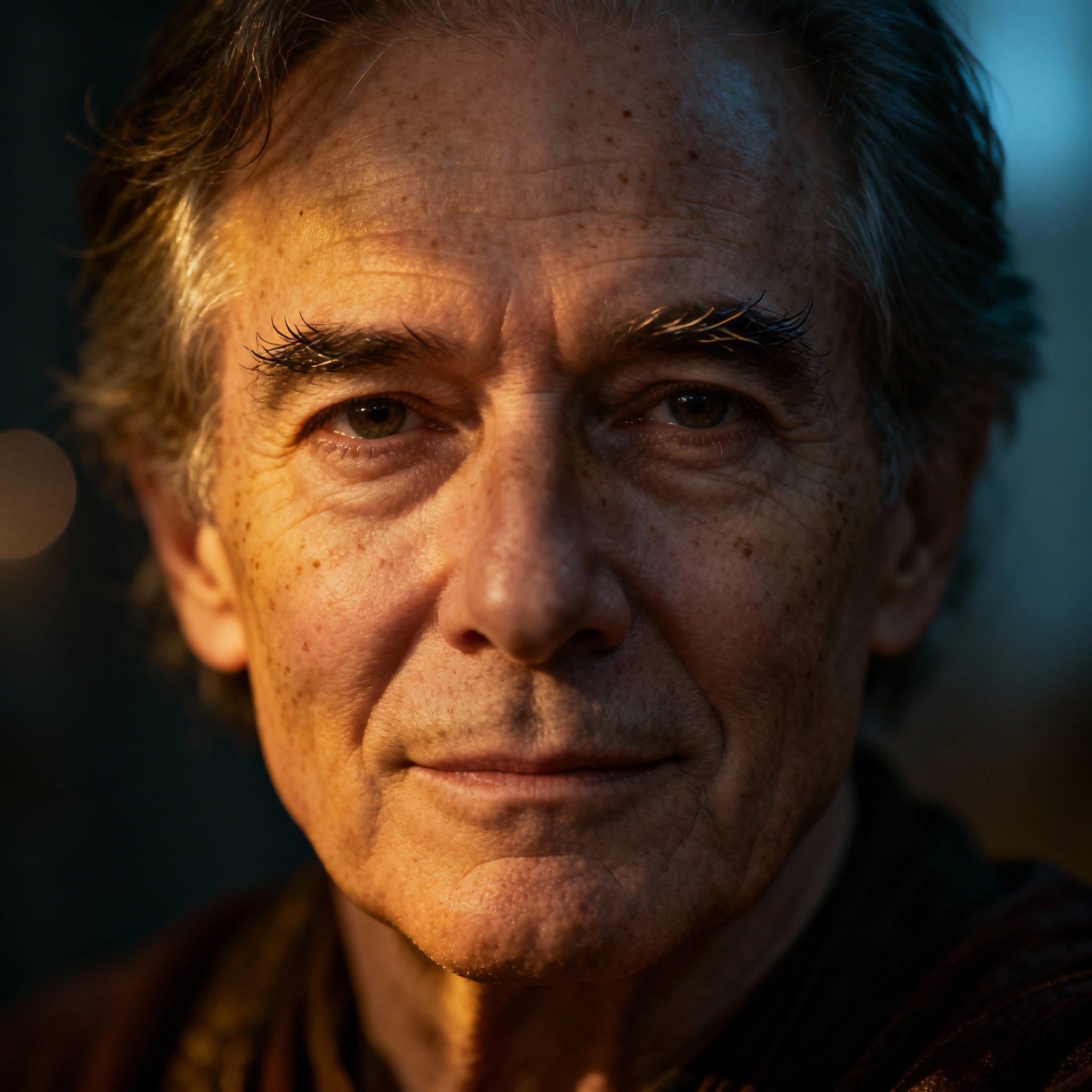 A close-up portrait of a mature, wise male psychic with sincere eyes against a soft background, creating an atmosphere of trust and insight.