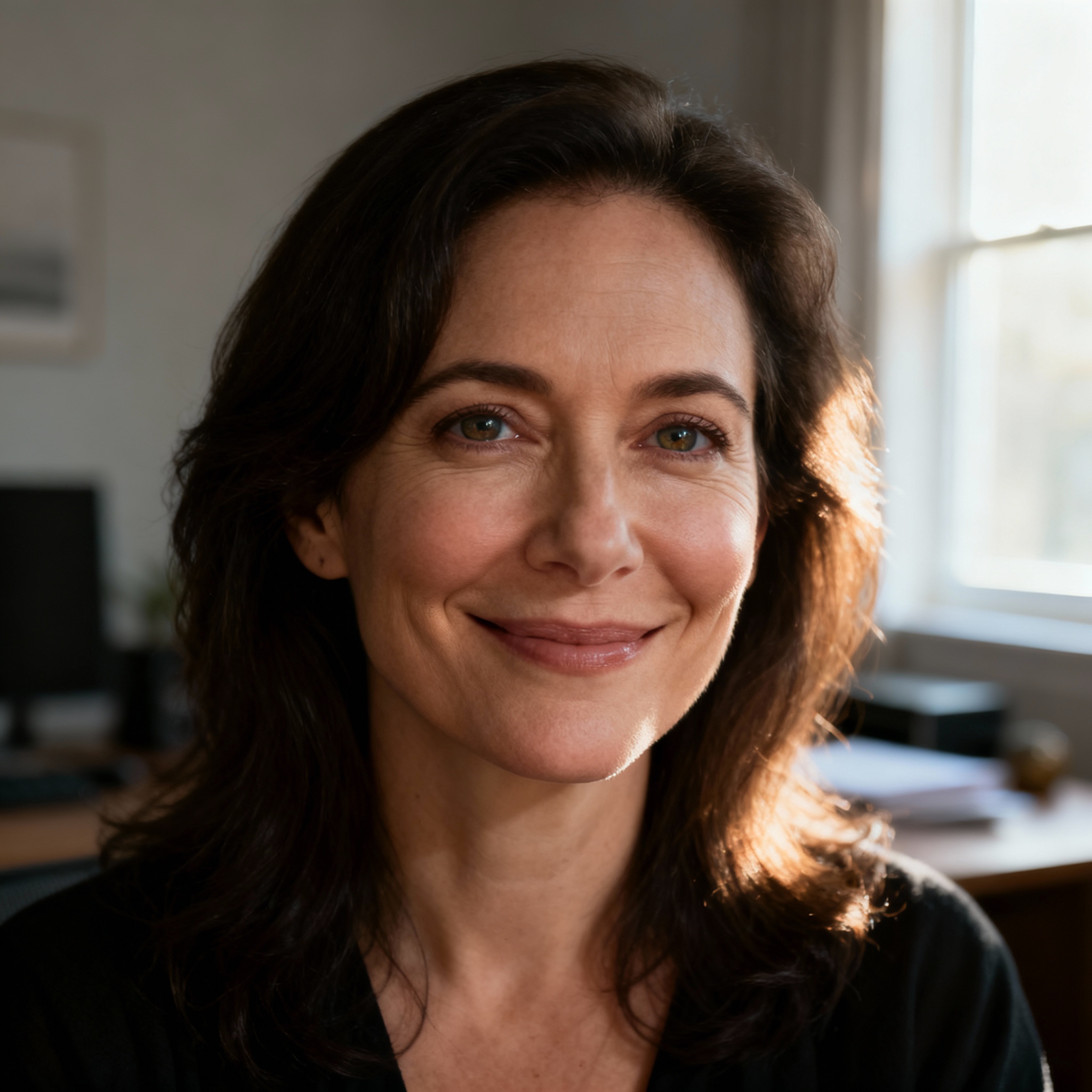 A close-up portrait of Psychic Leigh, featuring a gentle yet confident smile. Her eyes convey wisdom and empathy, and the soft lighting in the background creates a trustworthy and serene atmosphere.