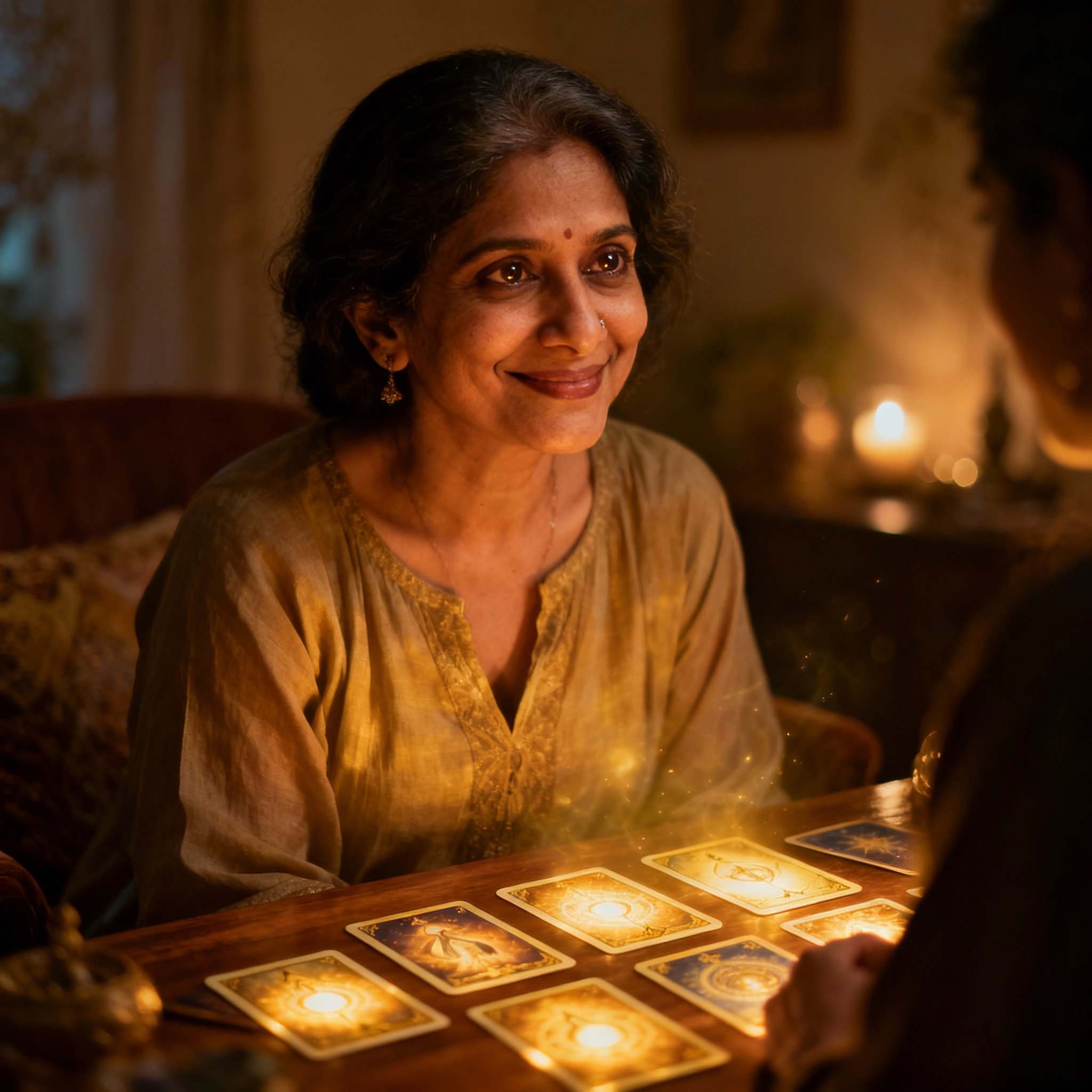 A close-up portrait of a wise and compassionate middle-aged female psychic. She has a gentle smile and is set against a soft, glowing background, evoking a sense of trust and warmth.