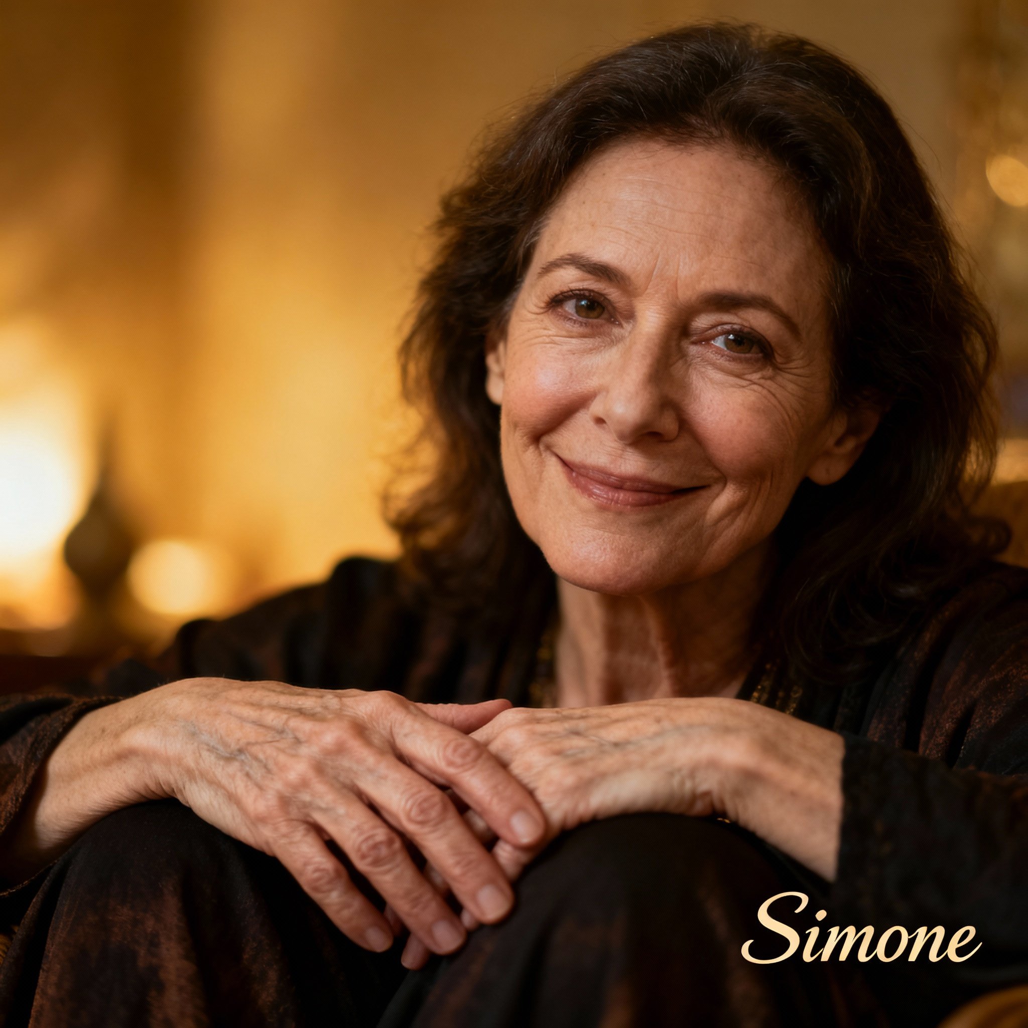 A close-up portrait of a psychic named Simone, who has a gentle smile and eyes full of wisdom and empathy. The soft lighting creates a trustworthy and calming atmosphere.