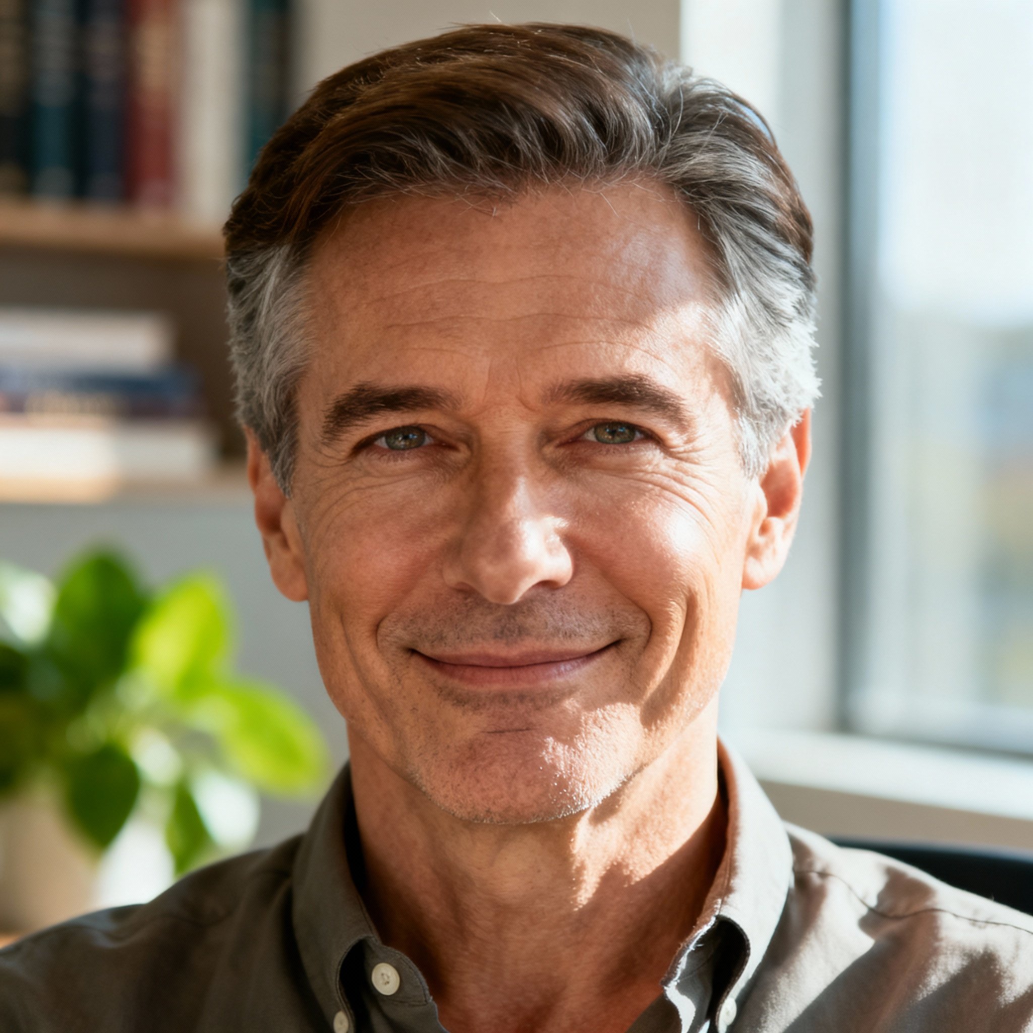 A close-up portrait of a middle-aged male psychic advisor, Greg Colt. He has a warm, wise smile and compassionate eyes, set against a soft, comfortable office background, conveying a sense of professionalism and trust.