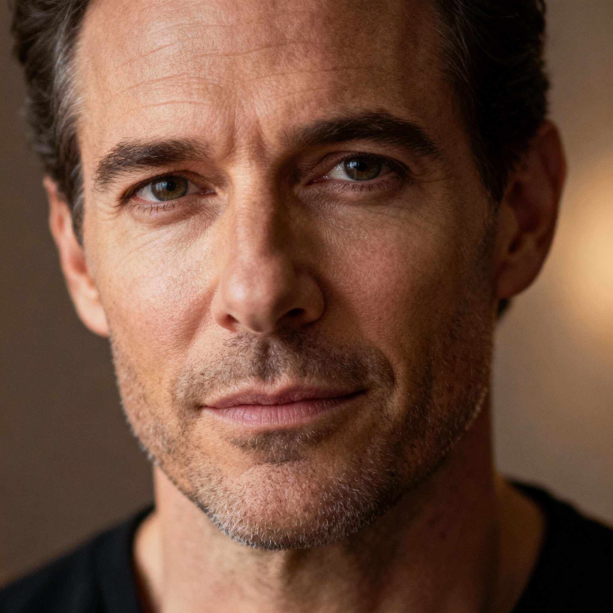 A close-up portrait of the psychic Rowan Edward, who has a thoughtful and compassionate expression, set against a soft background to evoke a sense of trust and professionalism.