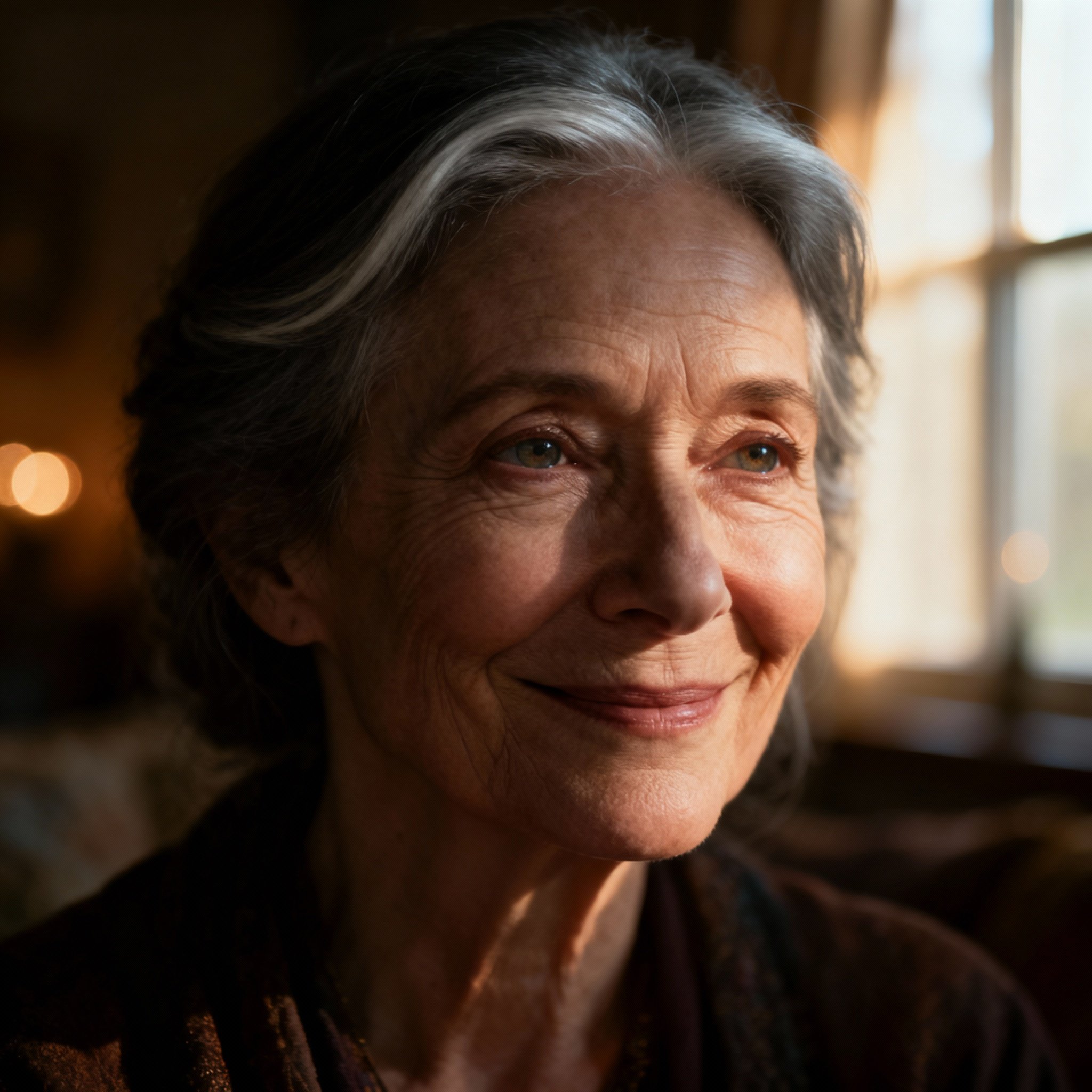 A close-up portrait of a wise and compassionate middle-aged female psychic. She has warm eyes and a reassuring smile, set against a soft background that inspires trust.