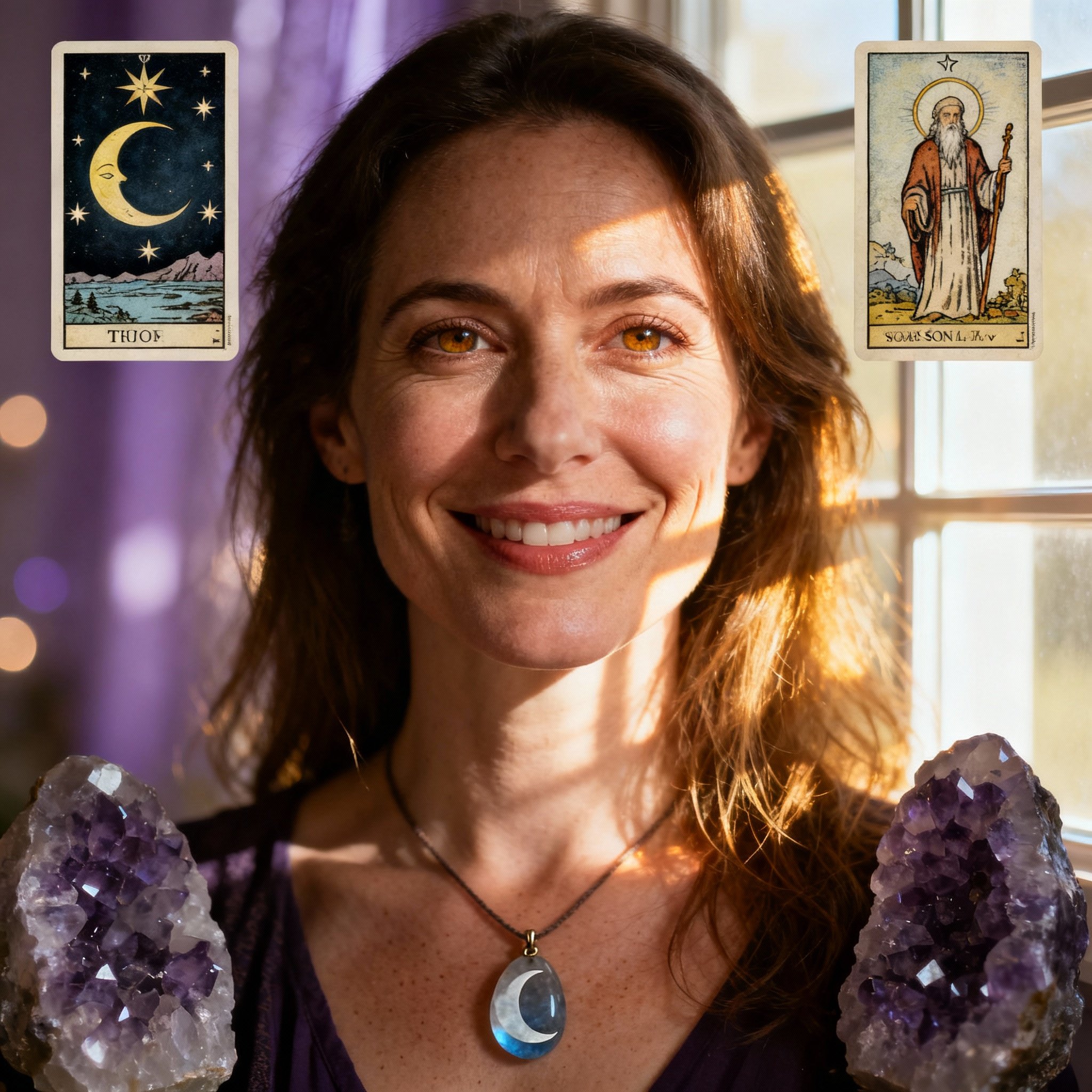 A close-up portrait of a wise and compassionate modern psychic advisor. She looks directly at the camera with a warm smile, creating a sense of trust and approachability.