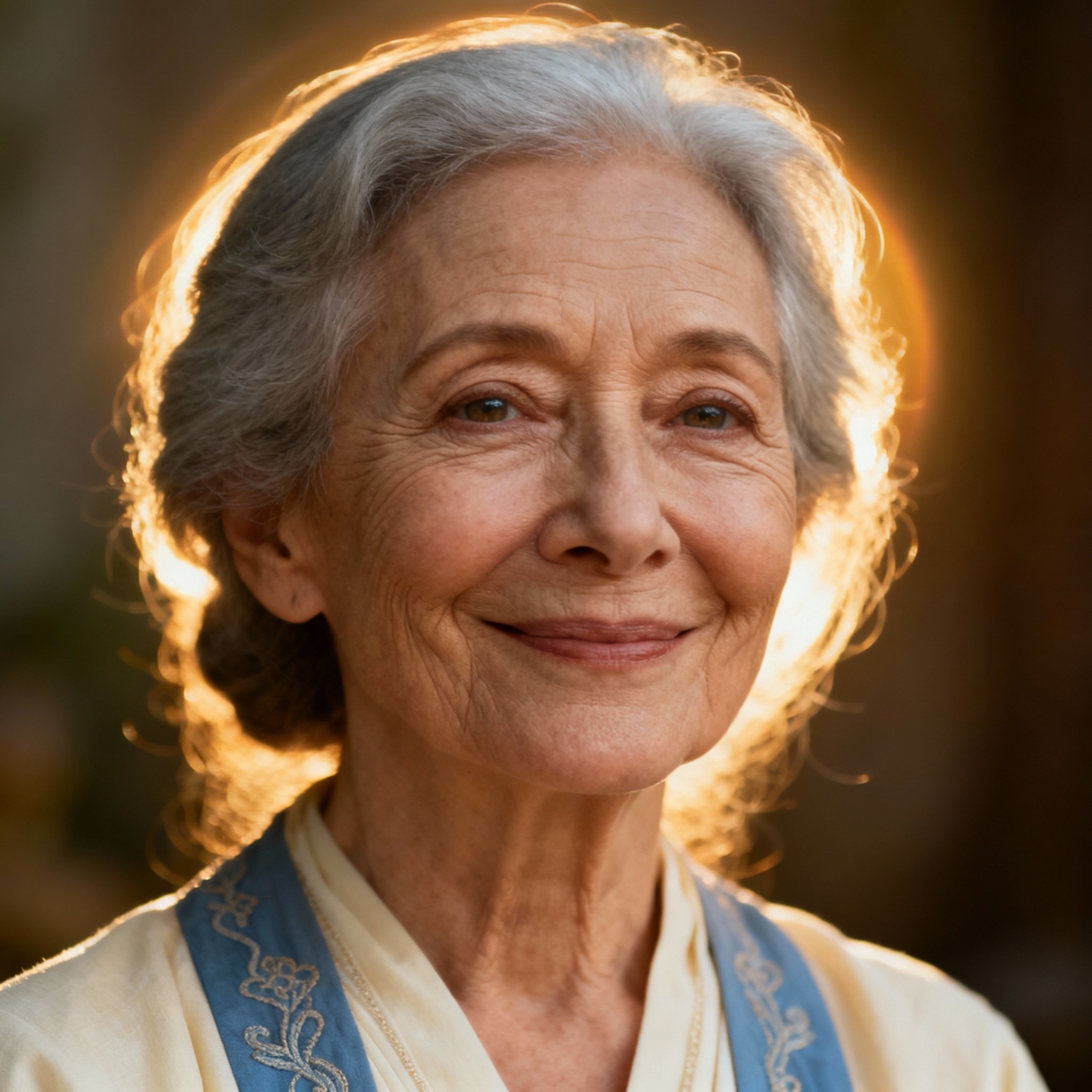 A close-up portrait of an elderly female psychic named Lis Sunoya. She has a gentle smile and wise, compassionate eyes, with soft, warm light in the background, creating a sense of trust.