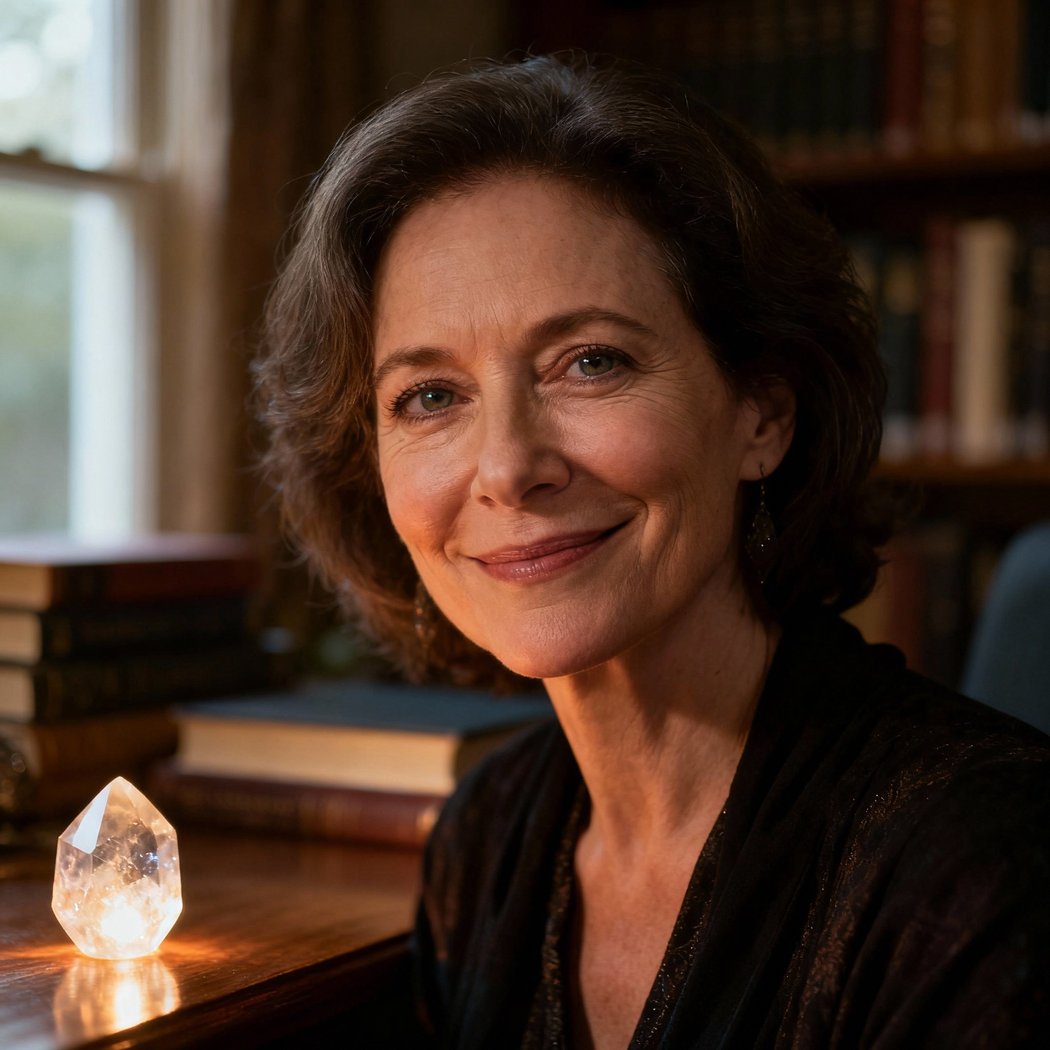 A warm, close-up portrait of psychic advisor Kimberly Solterra. She is a middle-aged woman with wise, compassionate eyes and a gentle smile, set against a soft, cozy consultation room background, evoking a professional, trustworthy, and caring atmosphere.