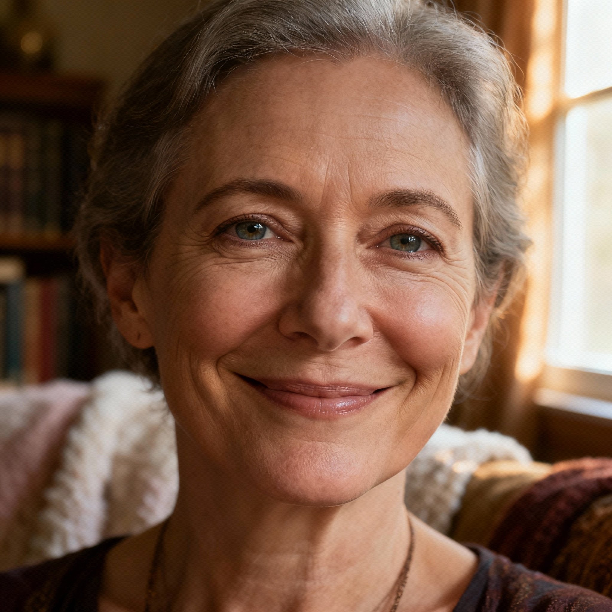 A close-up portrait of Advisor Janet, a kind-faced middle-aged woman whose eyes convey compassion and wisdom, set against a warm and cozy background that builds a strong sense of trust.