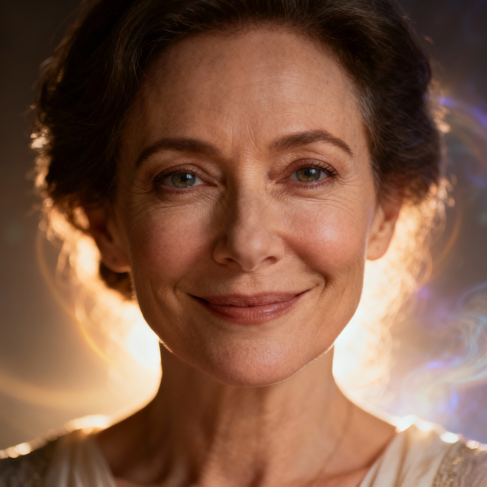 A close-up portrait of a smiling, middle-aged female psychic named Lorrie. Her eyes are filled with compassion and wisdom, against a soft background, evoking a sense of reliability and warmth, reflecting her professionalism and approachability.
