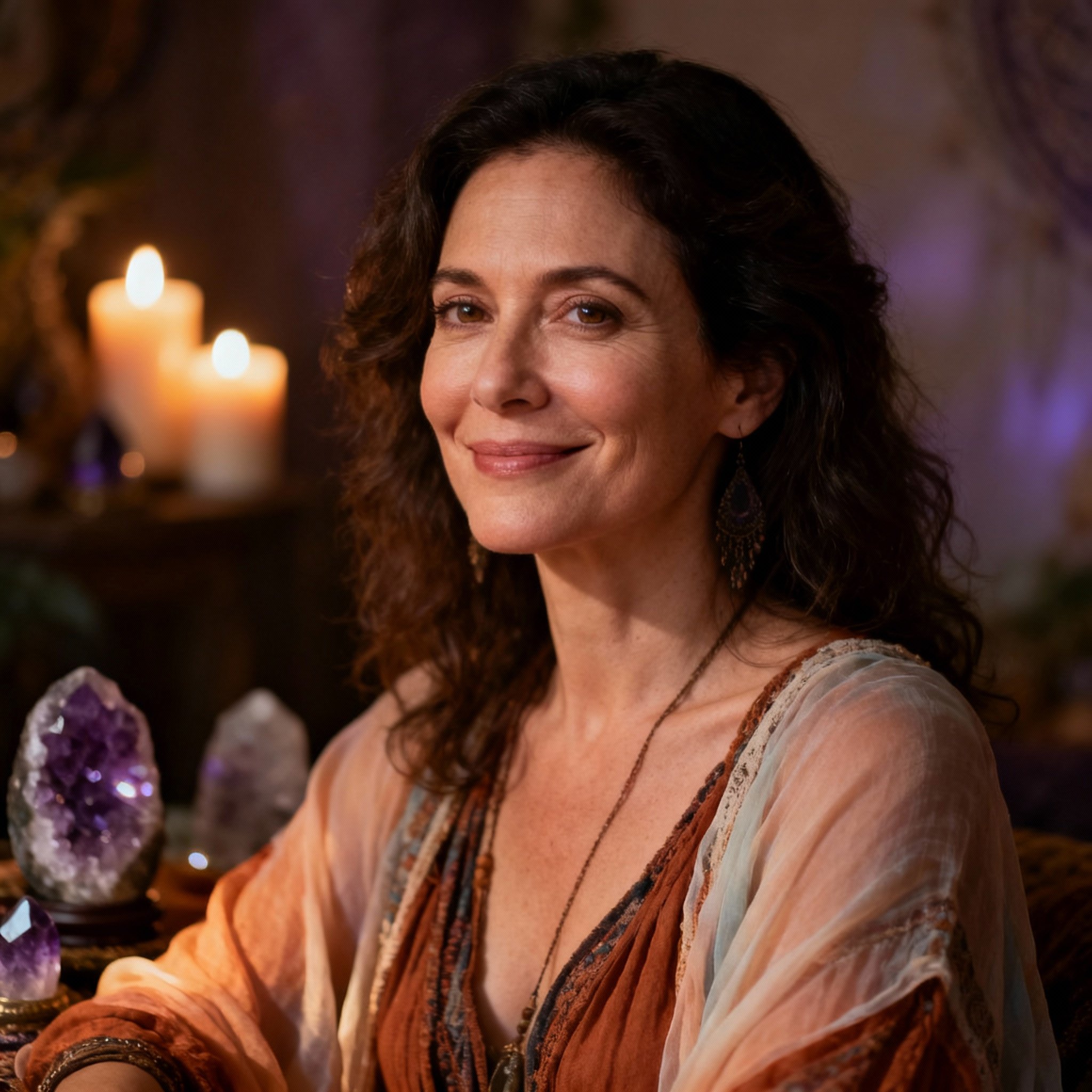 A close-up portrait of the psychic advisor, Bella Love, featuring a warm, empathetic smile and eyes that convey wisdom and understanding. The soft lighting creates an atmosphere of serenity and trust.