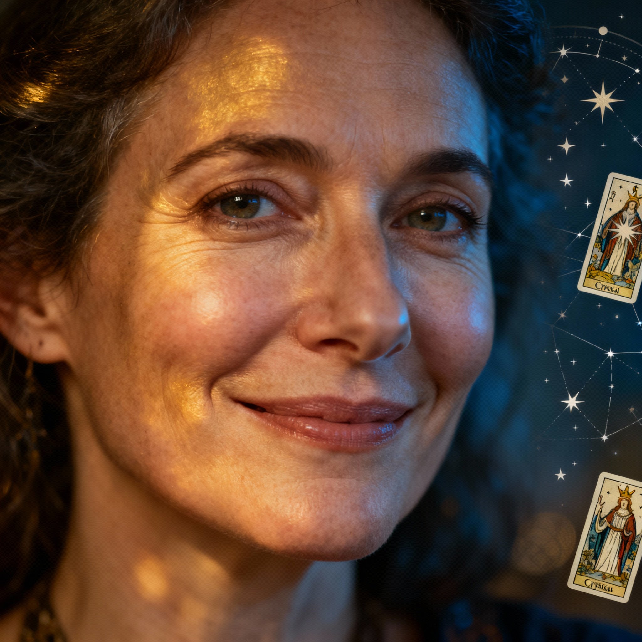 A close-up portrait of the wise and compassionate psychic, Crystal Sage. Her gaze is warm, with tarot cards and starlight faintly visible in the background, creating a sense of trust and mystique.