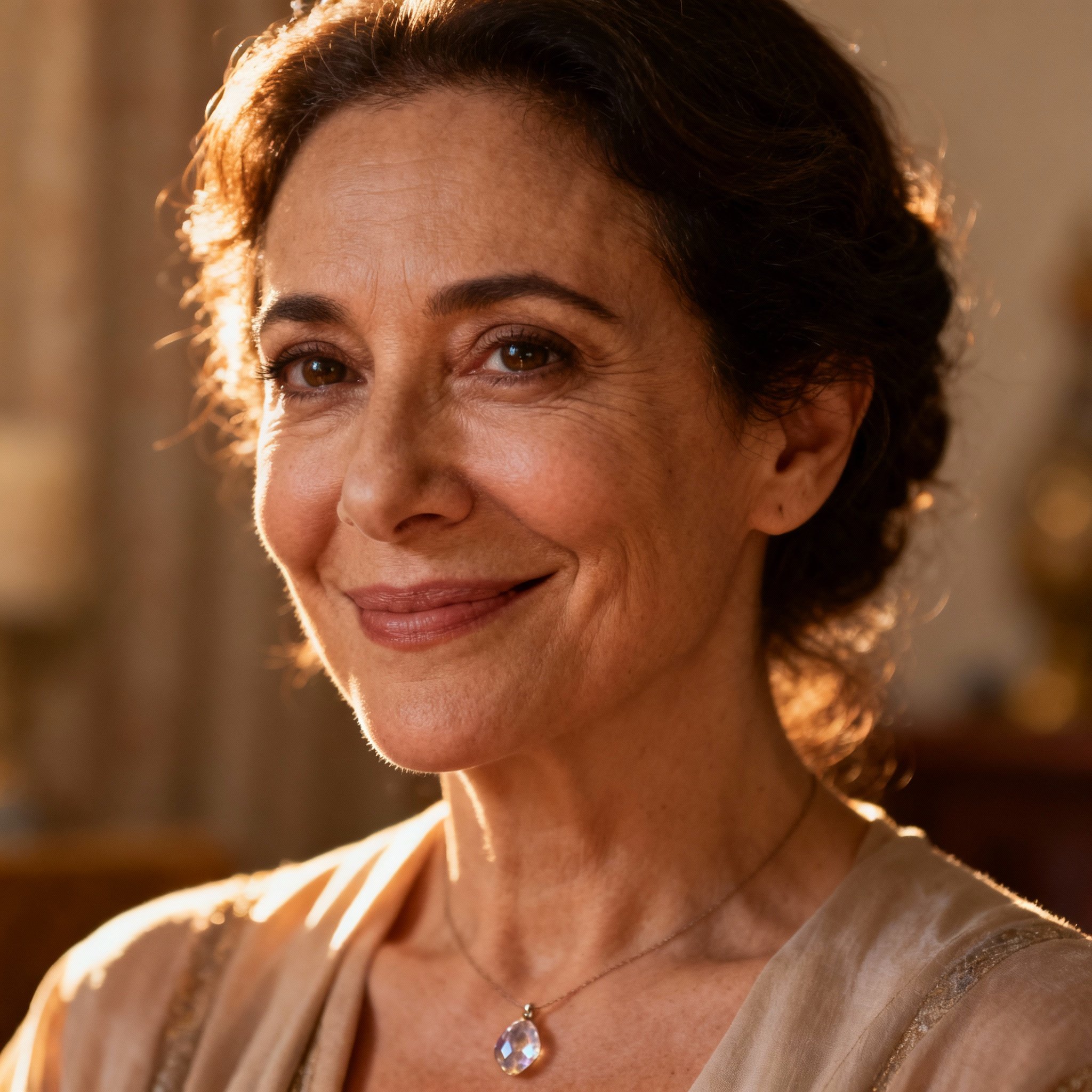 A close-up portrait of the psychic Spiritual Roma, smiling with wise and compassionate eyes, creating a trustworthy atmosphere.