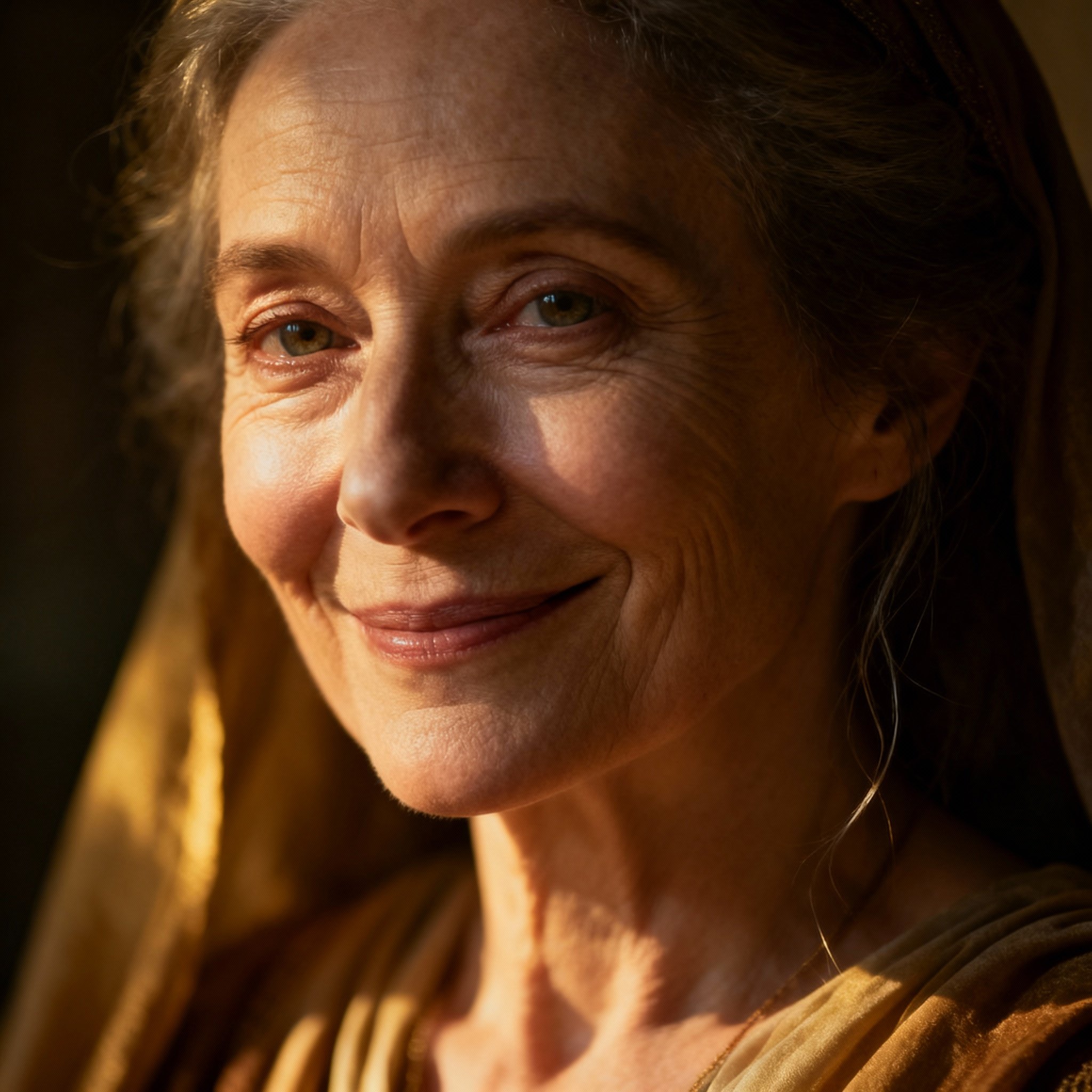 A close-up portrait of a psychic mentor named 'Mother Priestess'. She has a warm, compassionate smile and wise, calming eyes. Soft light illuminates her face from the side, creating a trustworthy and spiritual atmosphere.