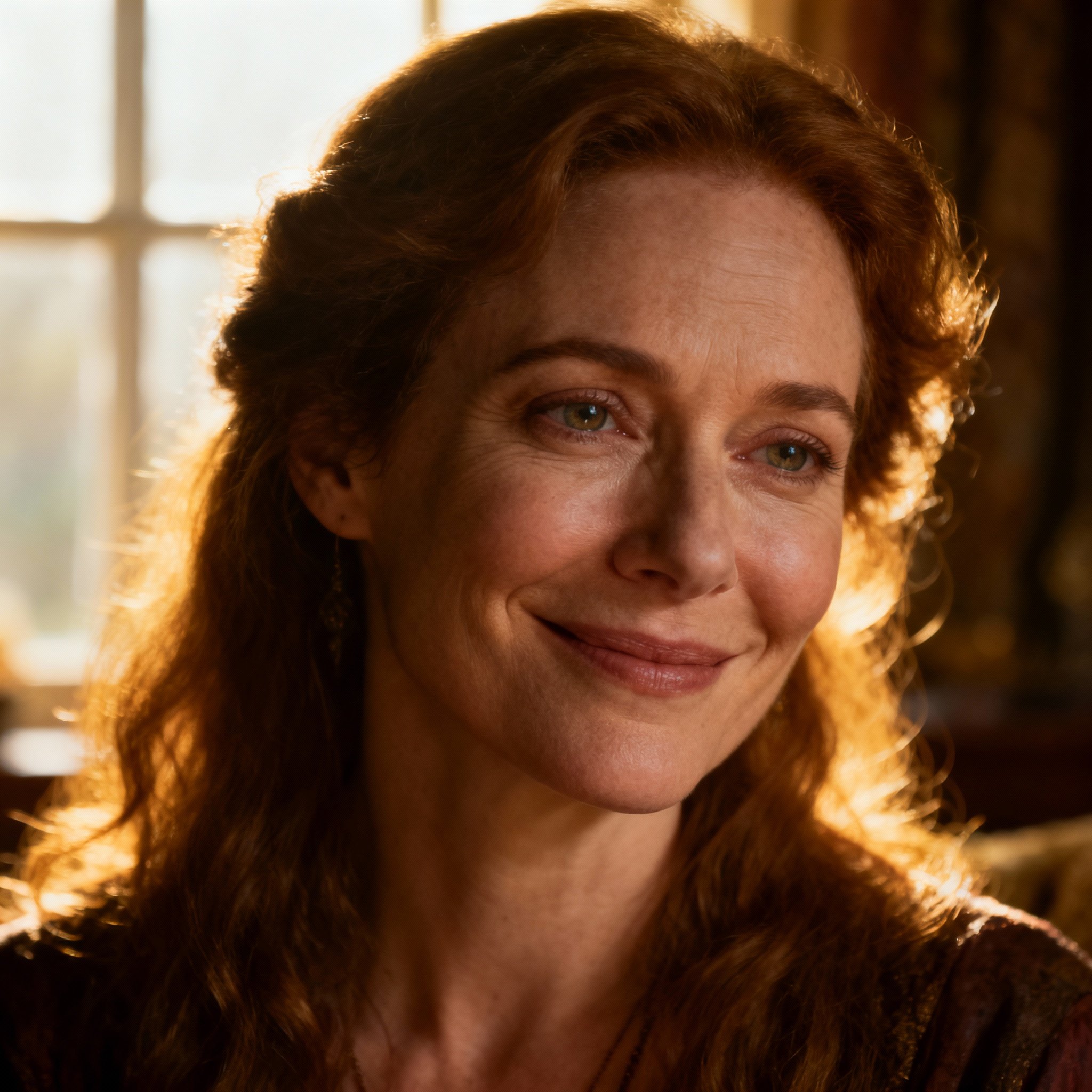 A close-up portrait of the compassionate psychic, Amber, with warm, knowing eyes and a soft background, creating an atmosphere of calm and trust.