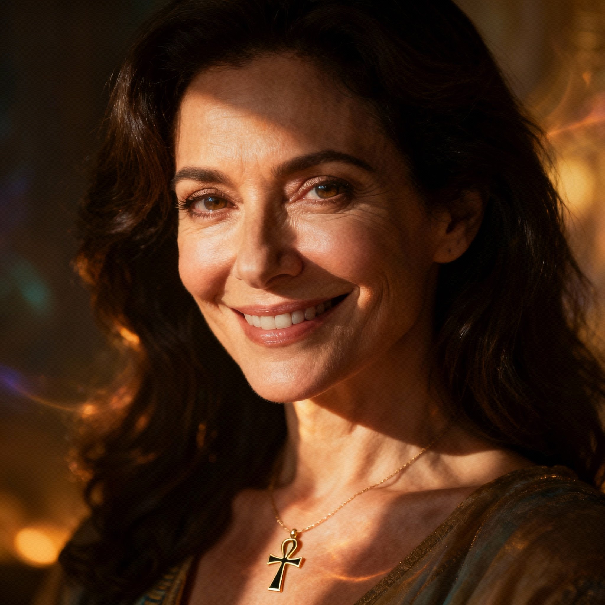 A close-up portrait of Psychic Davina, an elegant and compassionate middle-aged woman whose eyes convey deep understanding and trust. Soft light illuminates her face, and subtle Egyptian elements in the background hint at ancient wisdom, creating a serene yet powerful atmosphere.