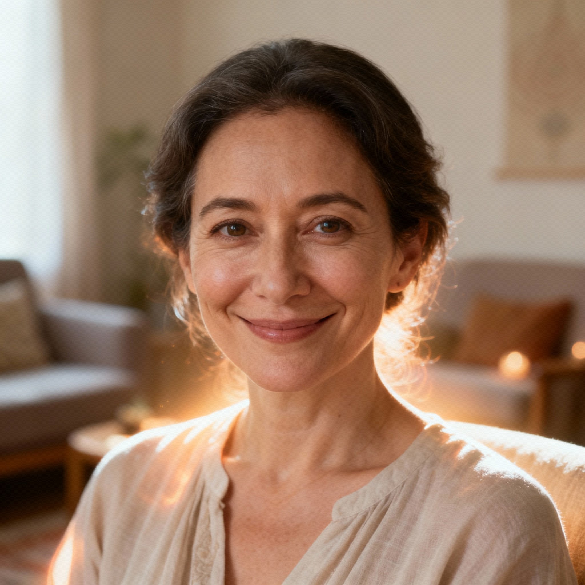 A close-up portrait of the psychic, Ashley, who has a warm and compassionate gaze. The background has a soft glow, creating an atmosphere of trust and serenity, representing her as a wise guide.