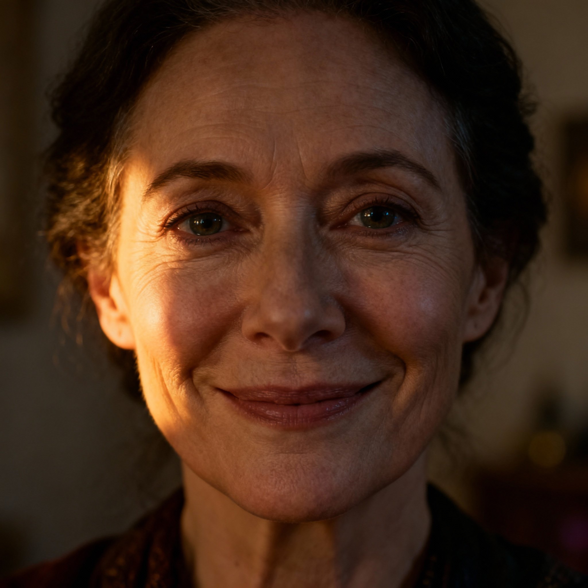 A close-up portrait of an experienced and wise female psychic. Her eyes are warm and knowing, set against a soft background, conveying a deep sense of trust and empathy.