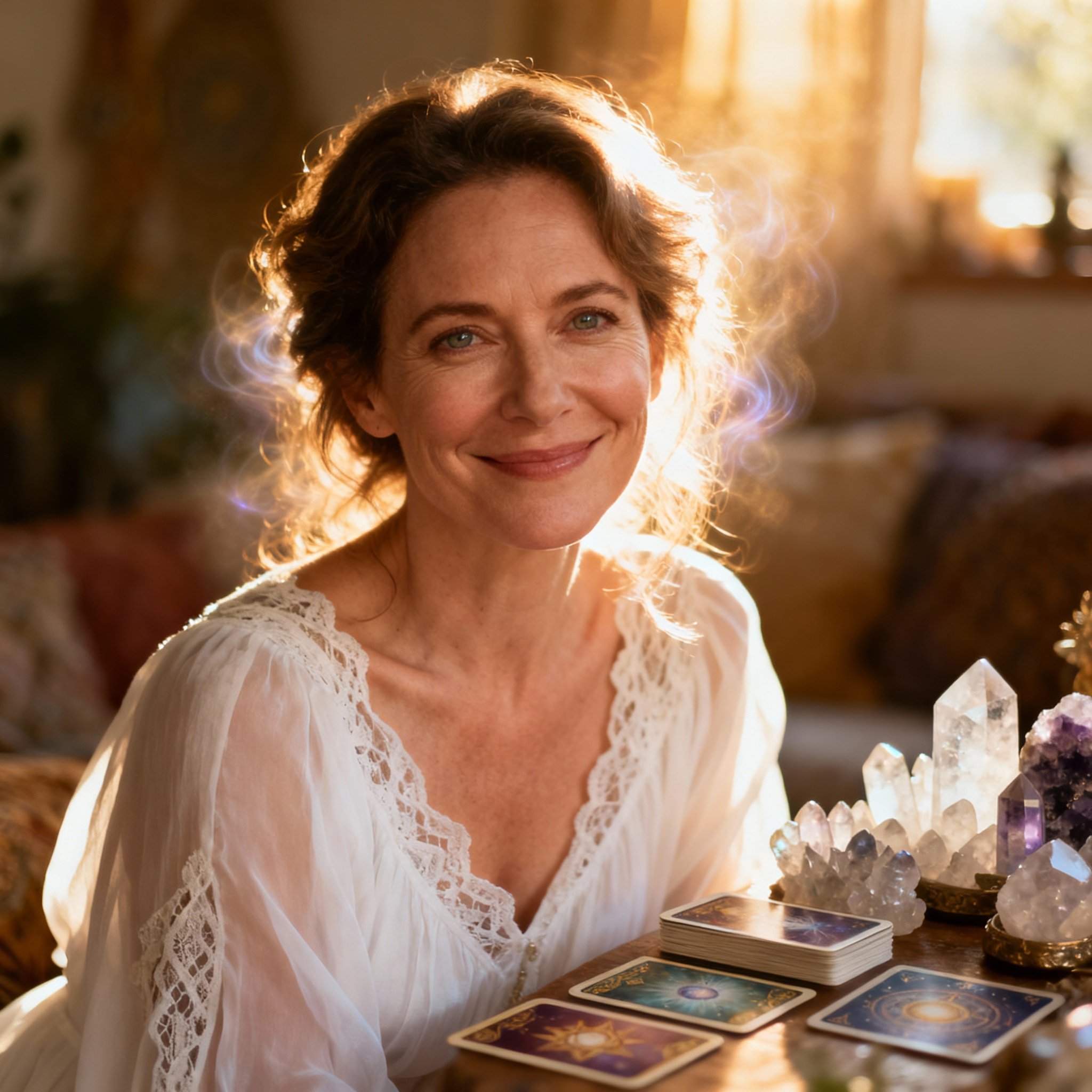 A close-up portrait of the psychic High Vibn High Priestess (Nicole), featuring her warm and wise smile against a soft background, creating an atmosphere of trust and serenity.