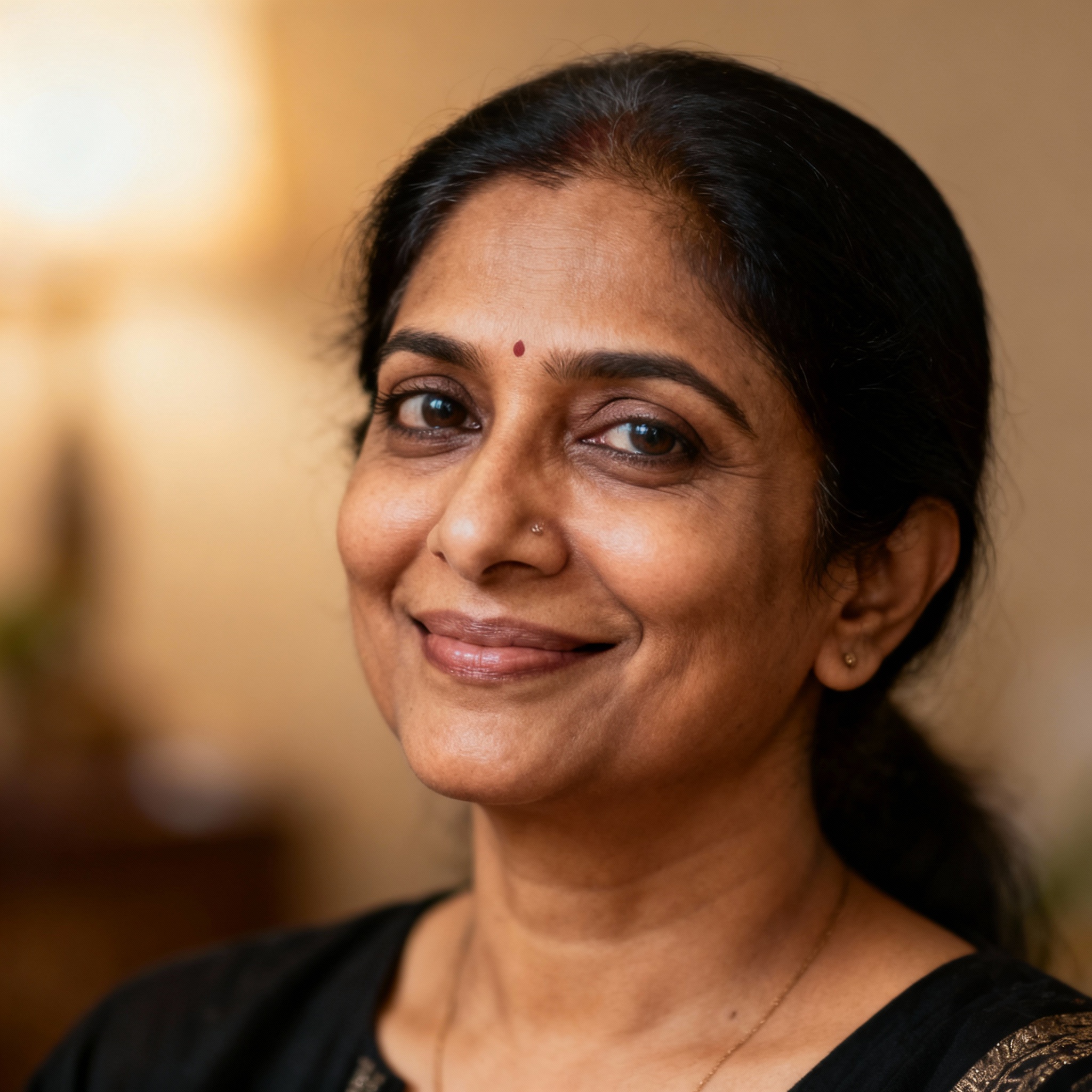 A professional headshot of the psychic Shalini. She is a South Asian woman with a warm smile, her eyes filled with wisdom and compassion, set against a soft, bright background that inspires trust and comfort.