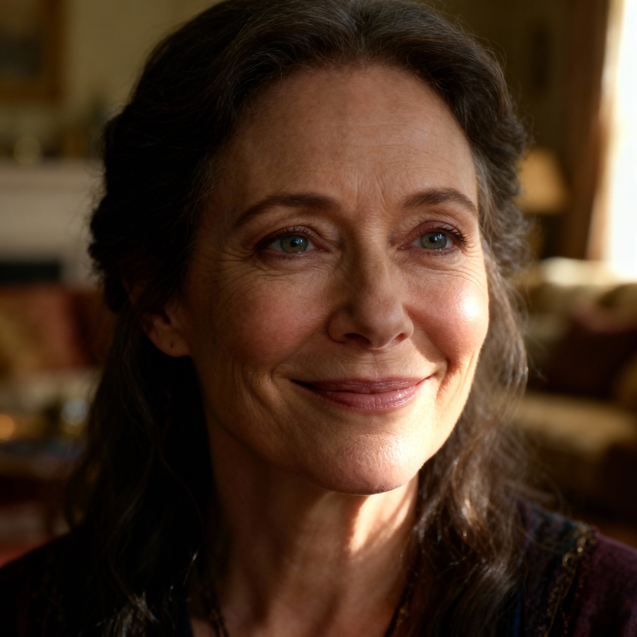 A wise and compassionate middle-aged female psychic, whose warm smile and kind eyes convey a sense of trust, set against a cozy room with soft lighting.