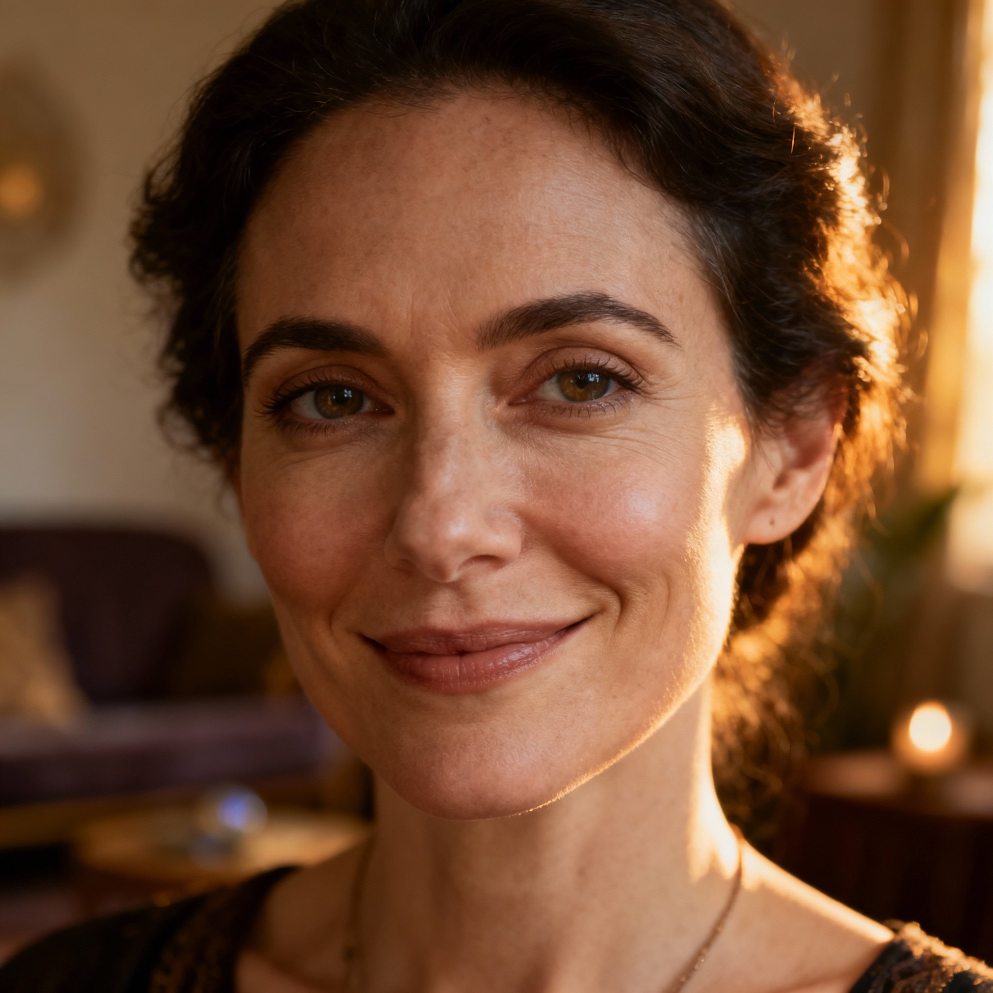 A close-up portrait of a female psychic named Luna Grace, smiling with wise and warm eyes, against a soft background, evoking a trustworthy atmosphere.