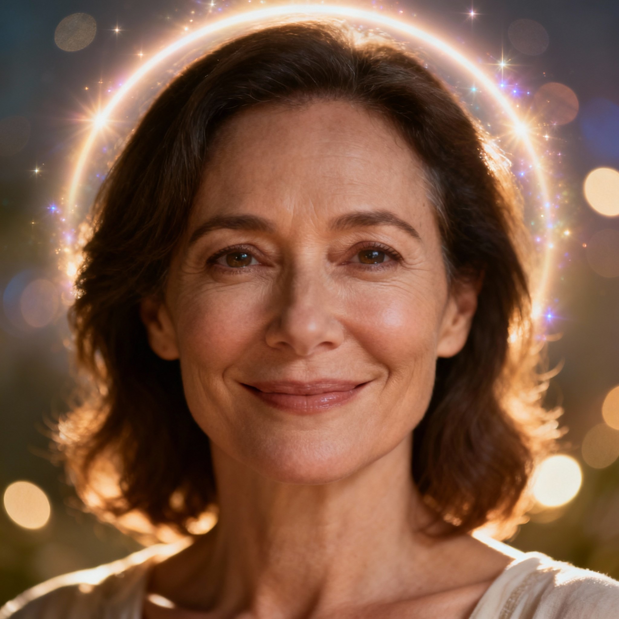 Portrait of a compassionate and wise female psychic, smiling warmly with a soft, glowing background, evoking a sense of trust and reassurance.